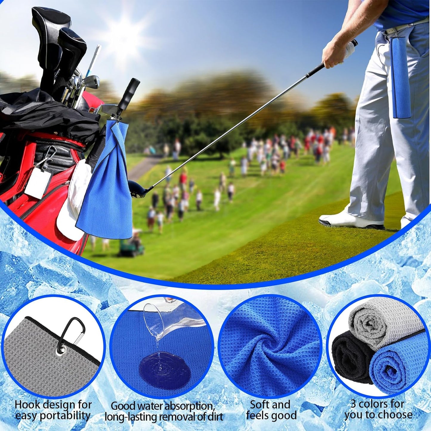 Batiyeer Golf Towels Bulk for Bags 16'' x 24'' Microfiber Waffle Pattern Golf Towels Trifold with Clip for Hiking,Tournament, Yoga