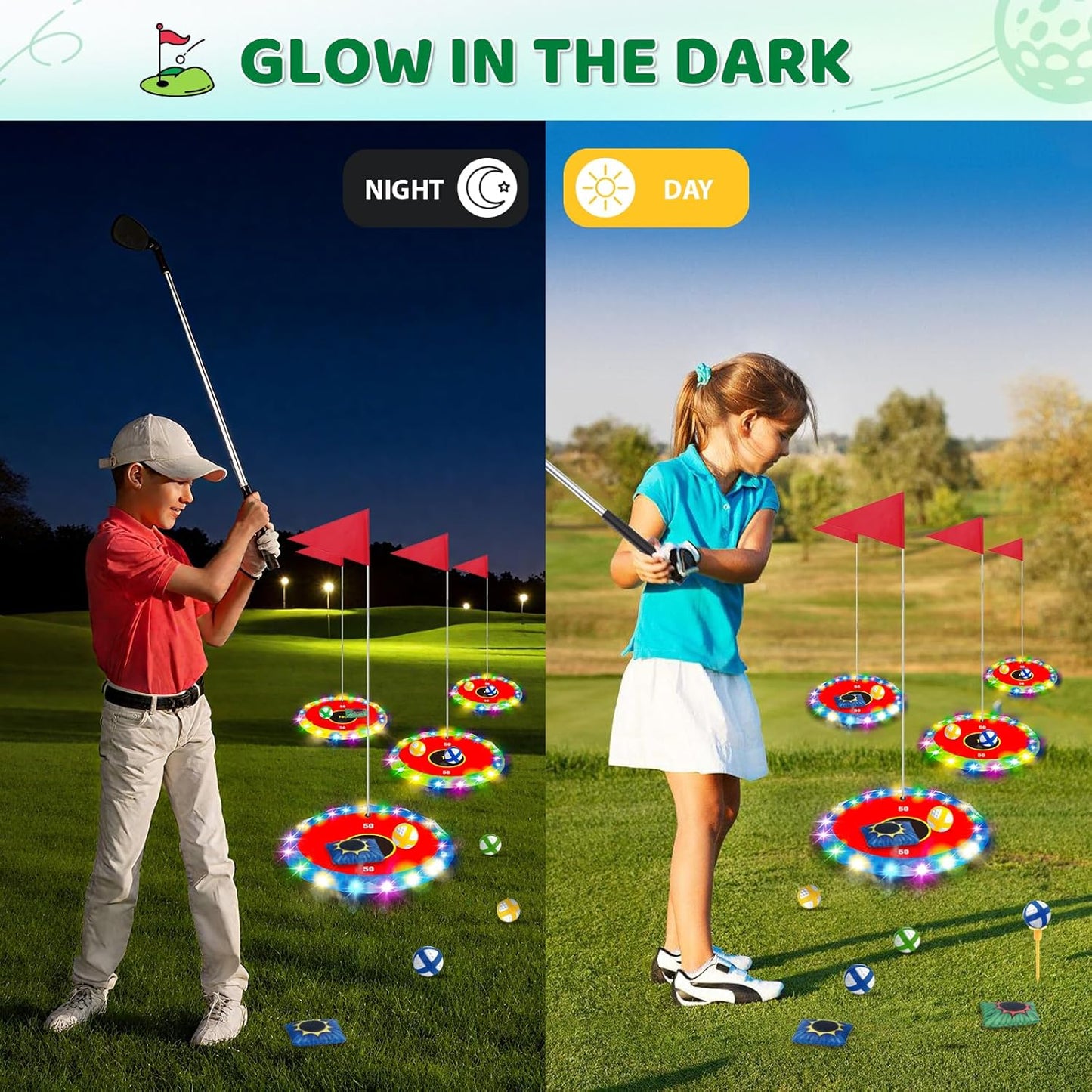 Light Up Golf Play Set - Upgraded Backyard Golf Chipping Game with 6 LED Targets, 2 Clubs, 18 Balls, 6 Bean Bags, Night Golf Toys Gifts for Kids Golfers Family Indoor Outdoor Beach Lawn Park