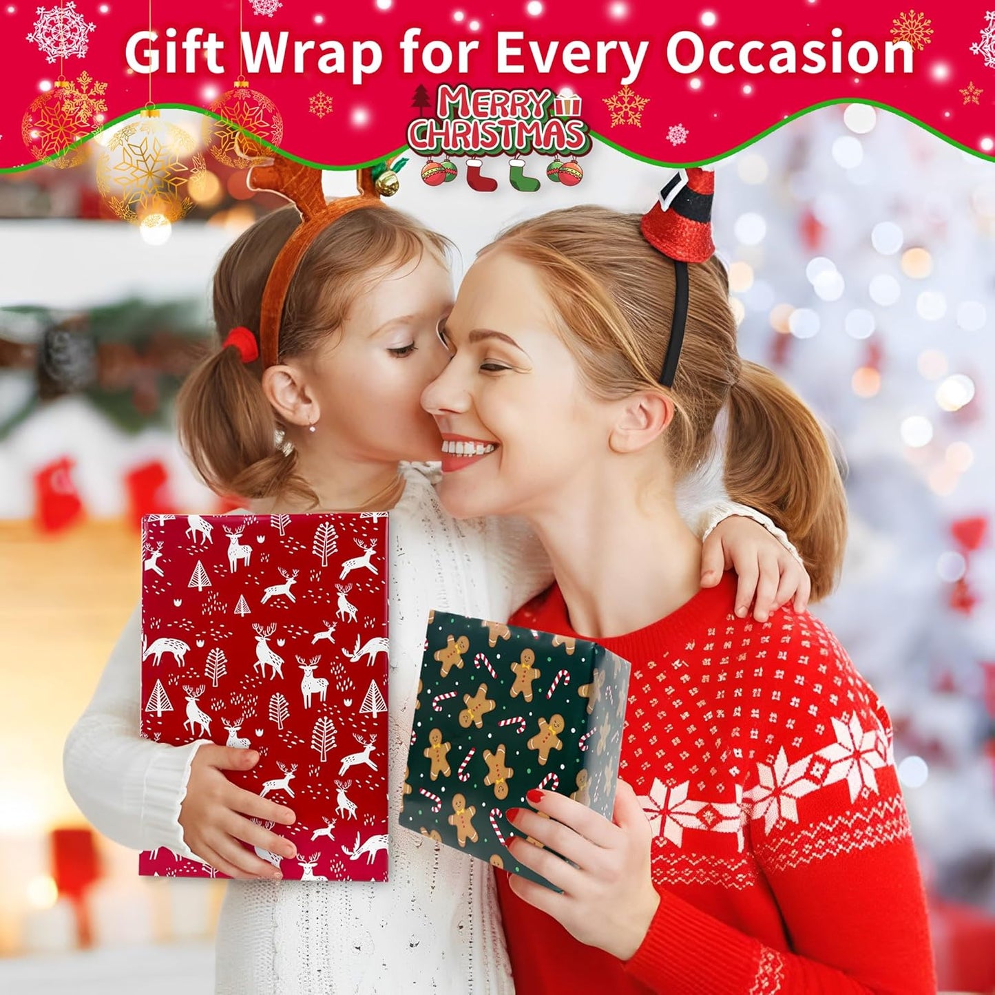 Novnsoi Christmas Wrapping Paper for Gifts (4 Rolls: 148 sq. ft. ttl) Funny Candy Cane Santas, Reindeer, Christmas Tree, Snowflakes - 30 inches x 14.8 feet Per Roll
