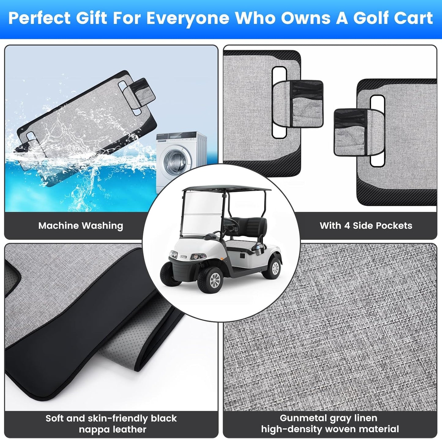 T TGBROS Golf Cart Seat Covers for 2 Person Seats EZGO, Yamaha & Club Car with Armrests Universal Golf Cart Seat Blanket Cushion Front & Rear All Weather Accessories - Black Leather & Gray Linen
