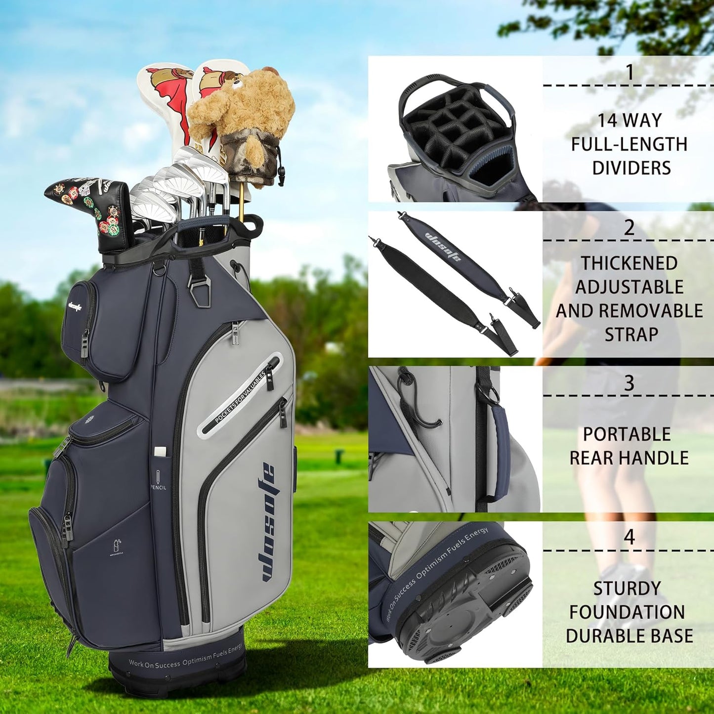 PU Leather Lightweight Men Women Blue White Black Green Golf Bag,Multiple 10 Pockets 14-Way Dividers Cooler Pouch Golf Cart Bag