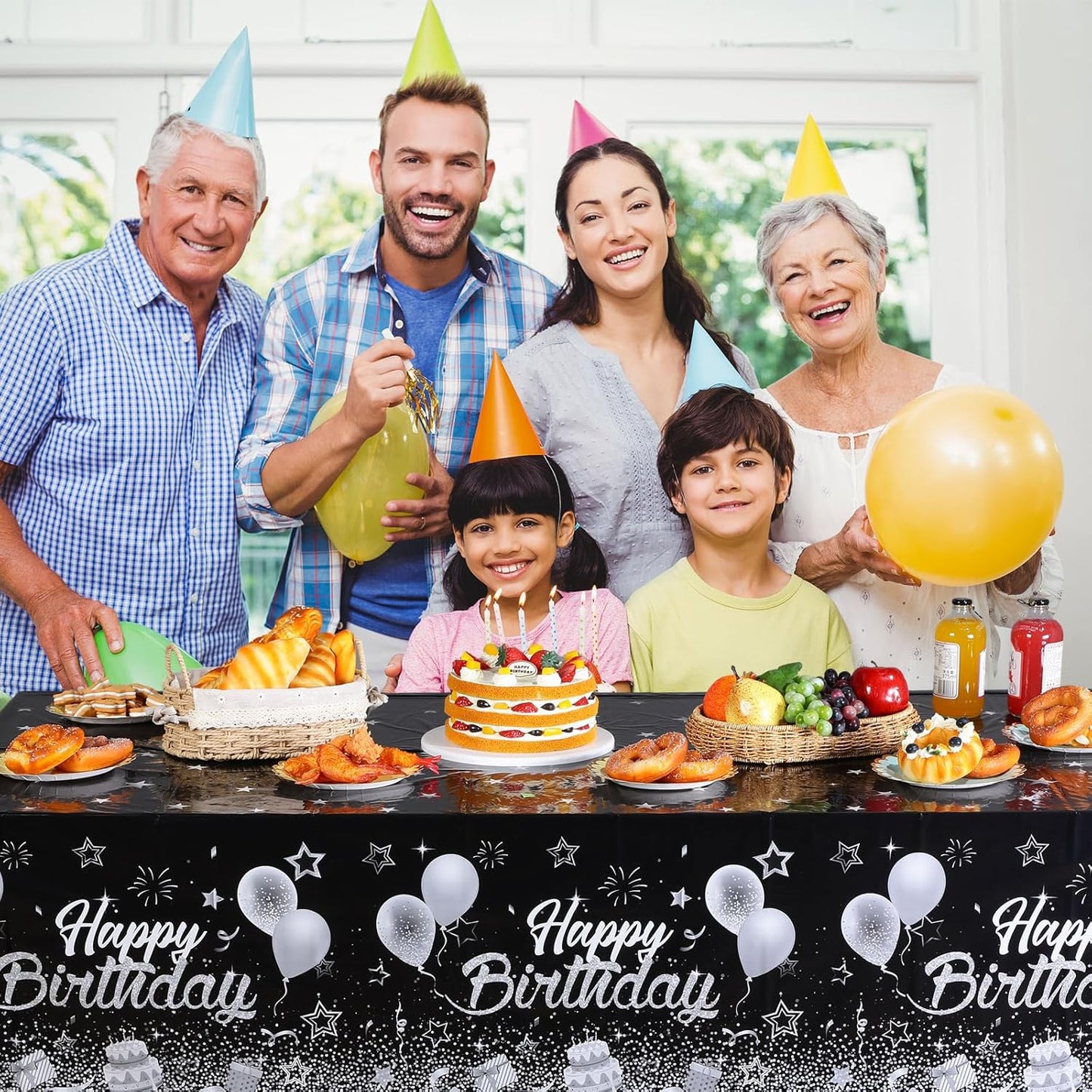 Breling 3 Pack Birthday Party Supplies Confetti Sprinkles Happy Birthday Tablecloths Starry Table Covers for Kids Adults Party Decorations, 54 x 108 Inches (Black and Silver)
