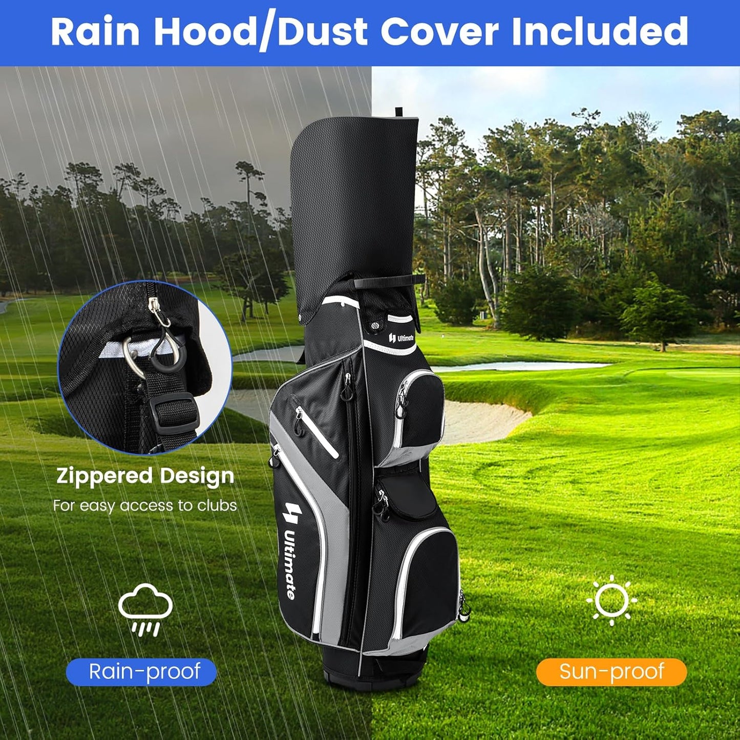 Tangkula Golf Cart Bag with 14 Way Top Dividers, Lightweight Golf Club Cart Bag with 9 Pockets, Cooler Bag, Umbrella Holder, Dual Strap & Rain Hood, Portable Golf Carry Bag for Men & Women