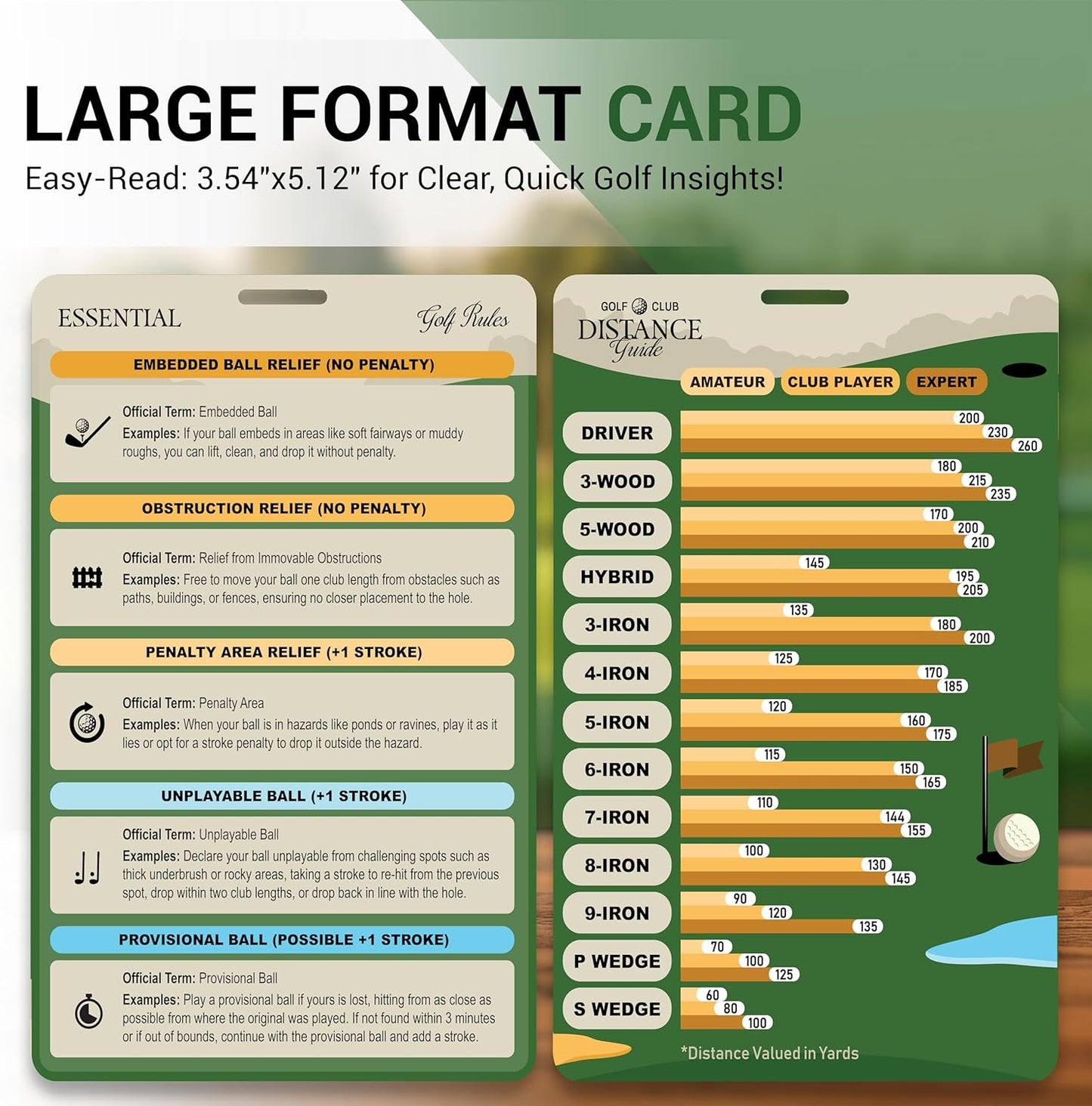 Golf Club Range Chart & Golfing Rules Reference Guide | Club Yardage Distance Finder | Ideal Golf Bag Accessory & Golf Practice | Training Aids | Made in USA | Pocket Sized 3.54 in x 5.12 in
