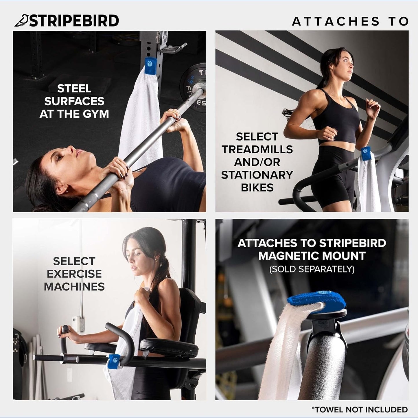 Stripebird - Magnetic Clip for Any Workout Towel (Blue) - Highest Strength Magnet for Gym Towel - Removable from Towels - Magnetic Fitness Towels for Men