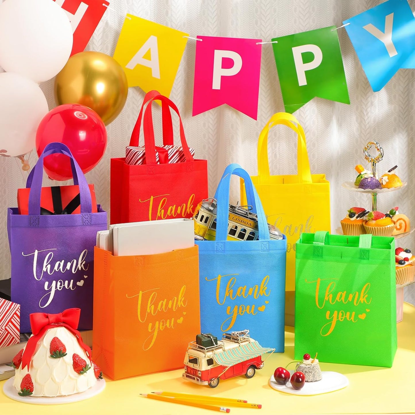 Sweetude 30 Pcs Thank You Gift Bags with Handles Bulk Reusable Goodie Bag Non Woven Foldable Handbag for Graduation Wedding Bridesmaid Gifts(10 x 8 x 4 Inch,Colorful)