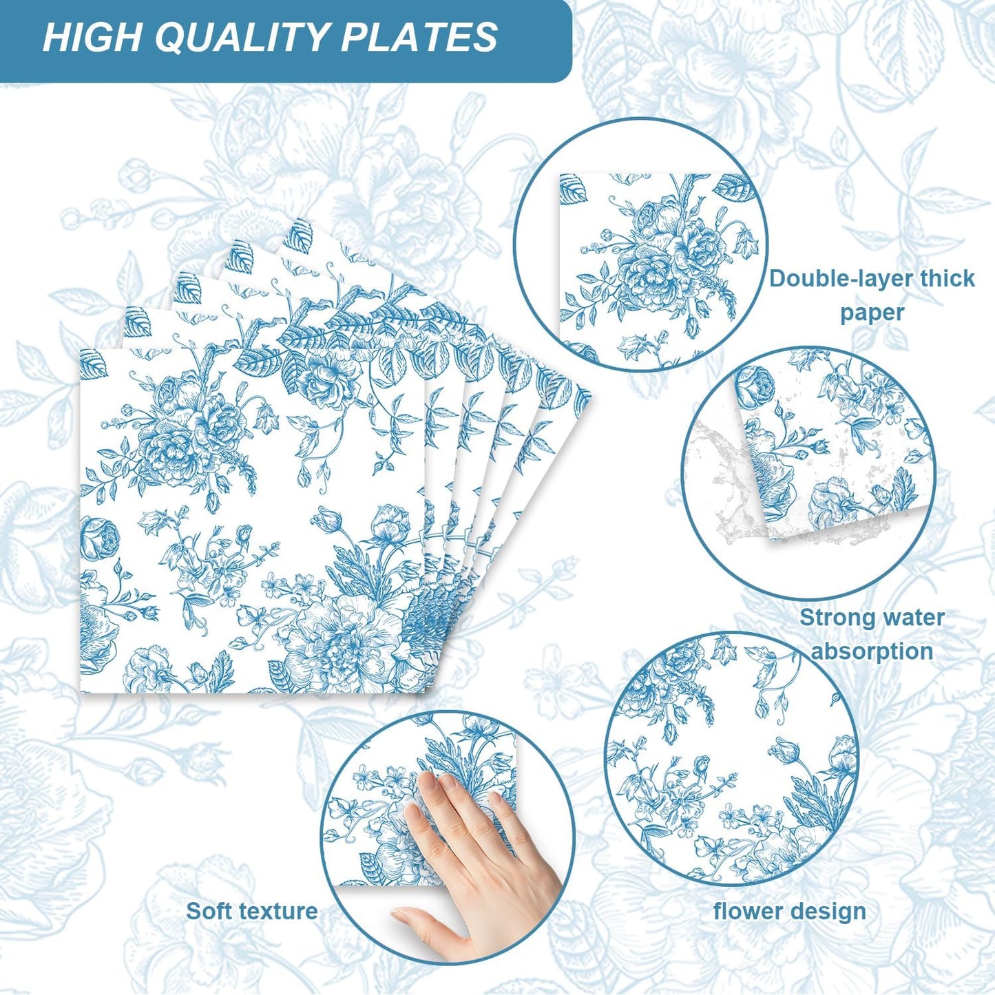 Blue Floral Birthday Decorations 48Pcs Blue and White Floral Theme Tableware Set Disposable Plates Napkins Forks Supplies for 16 Guest Baby Shower Wedding Party Decorations