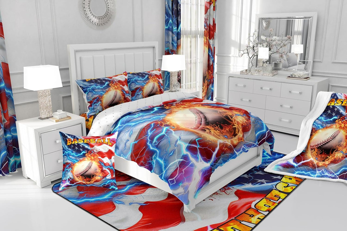 Feelyou 3D Baseball Soft Fleece Door Carpet American Flag Polyester Bath Rug for Kids Boys Girls Fire Ball Sports Non Slip Bath Mat Retro USA Flag Bathroom Floor Indoor Doormat,20x32 Inch