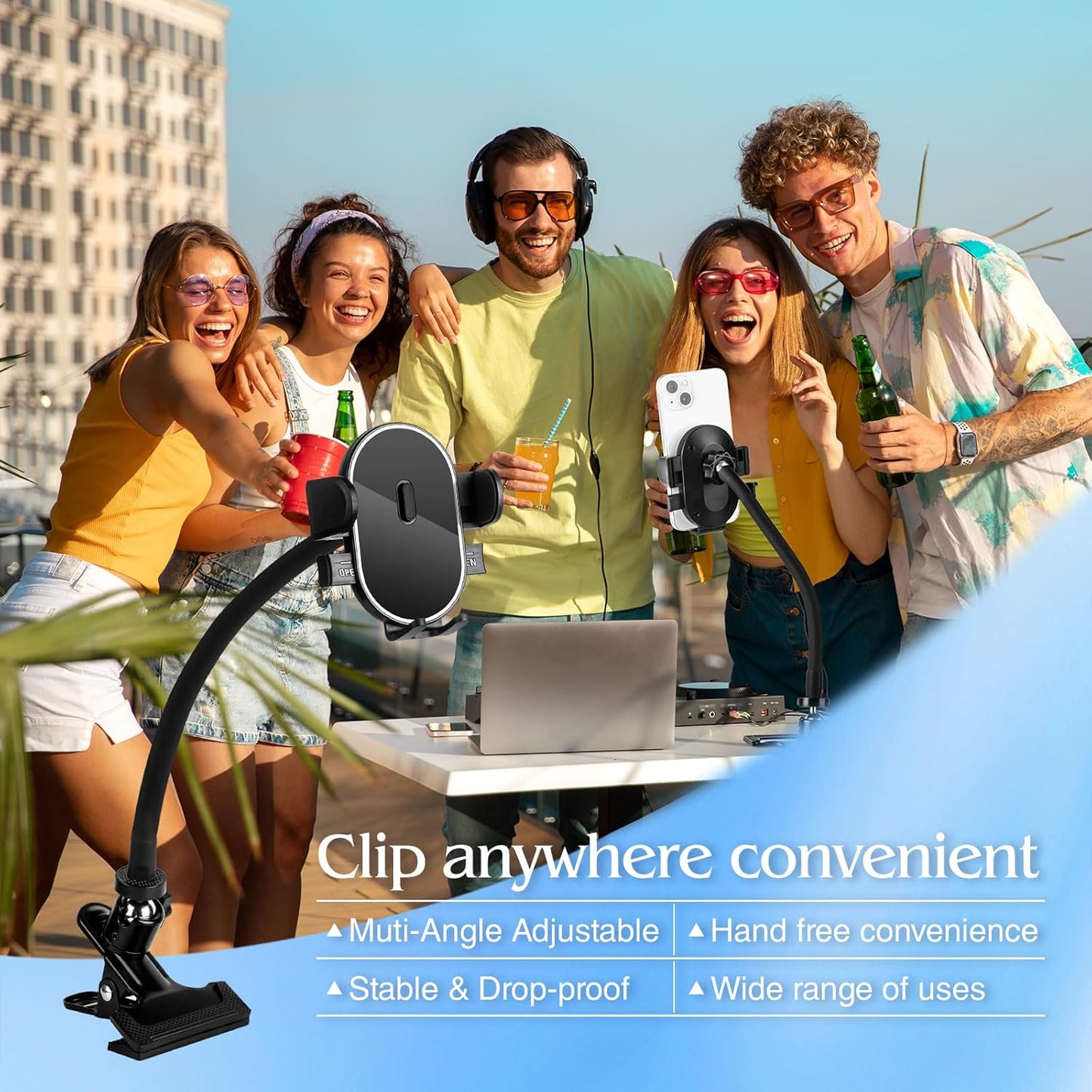 ROCKFREE Clip Phone Holder with 360° Gooseneck Arm & Auto-Locking Clamp,Short/Medium/Long Arm Options for Desk, Mic Stand, Table,Treadmill – Fits 4-7" Smartphones(Long-9.84 inch Arm)