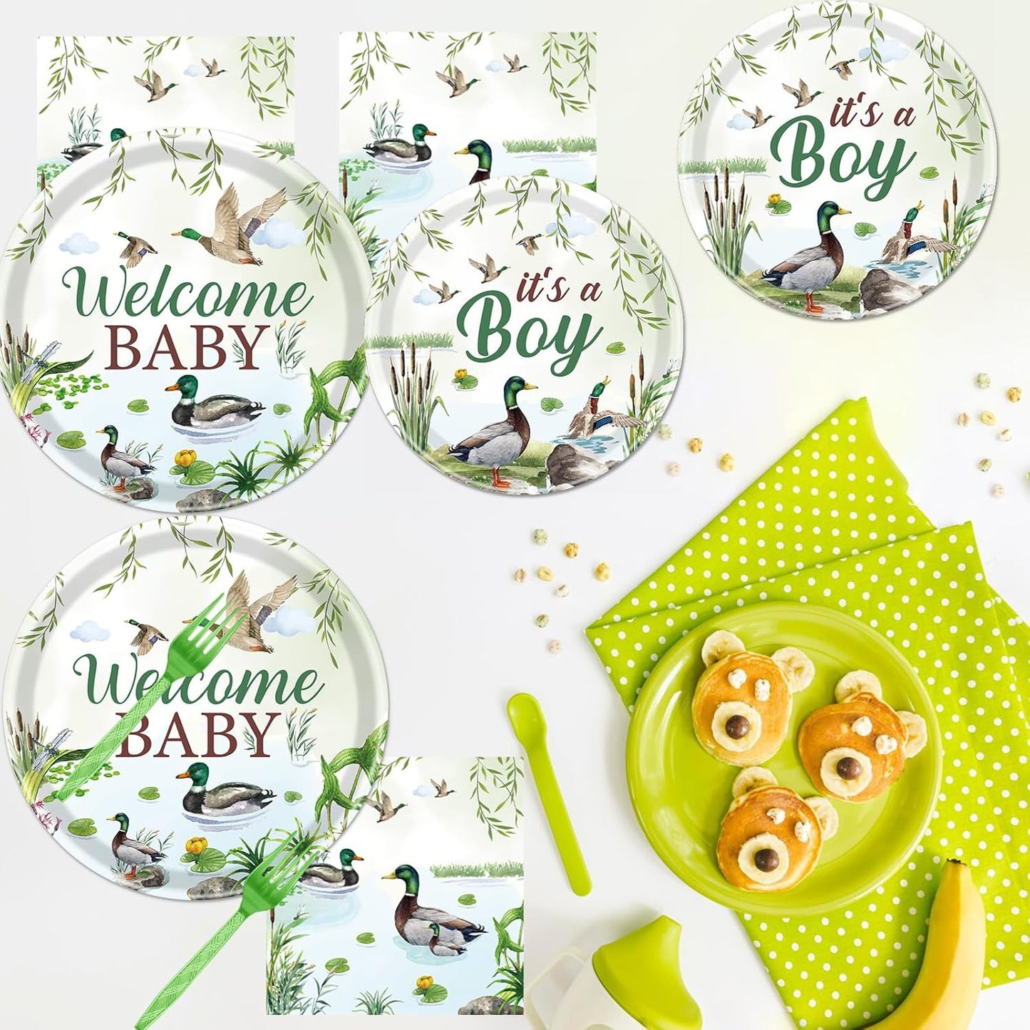 Rakuto Mallard Duck Baby Shower Decorations, 96PCS Duck Hunting Paper Plates and Napkins Tableware Party Decoration Goose Forks Decor Supplies, Serve 24