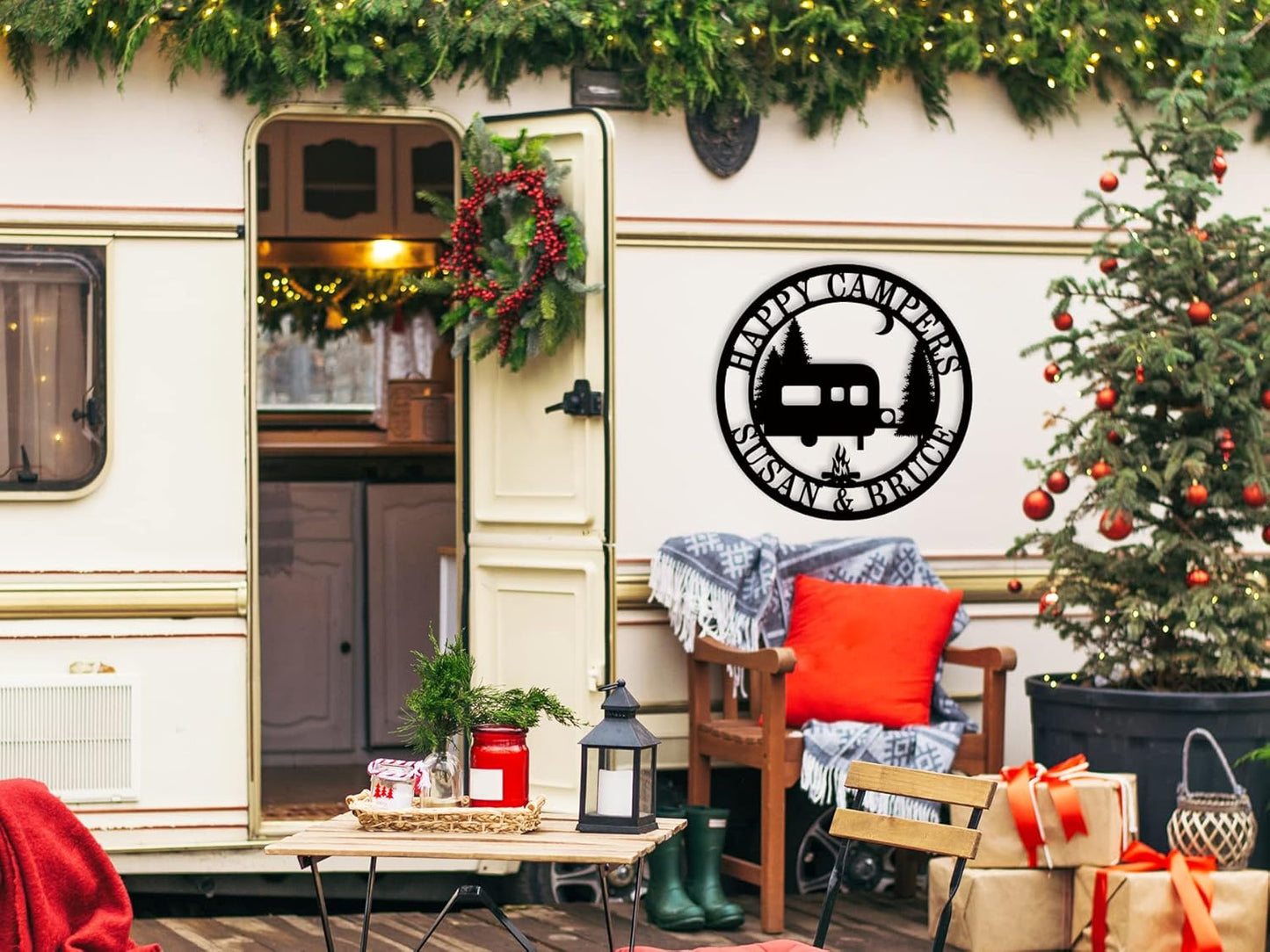 Personalized Happy Camper Metal Sign, Custom Campground Sign, Custom Happy Camper Yard Signs, Hanging Camping Signs, Camping RV Decor