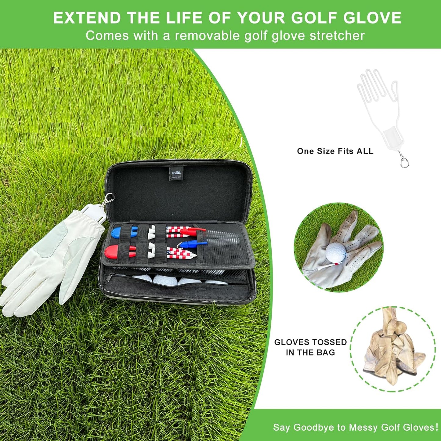 SENIKO Golf Glove Holder with Removable Golf Glove Shaper Water-Resistant Protective Hard Shell golf bag holder for Phone,Tees, Ball Markers,Repair Tools,Golf Accessories Golf Gifts for Men (Grey)