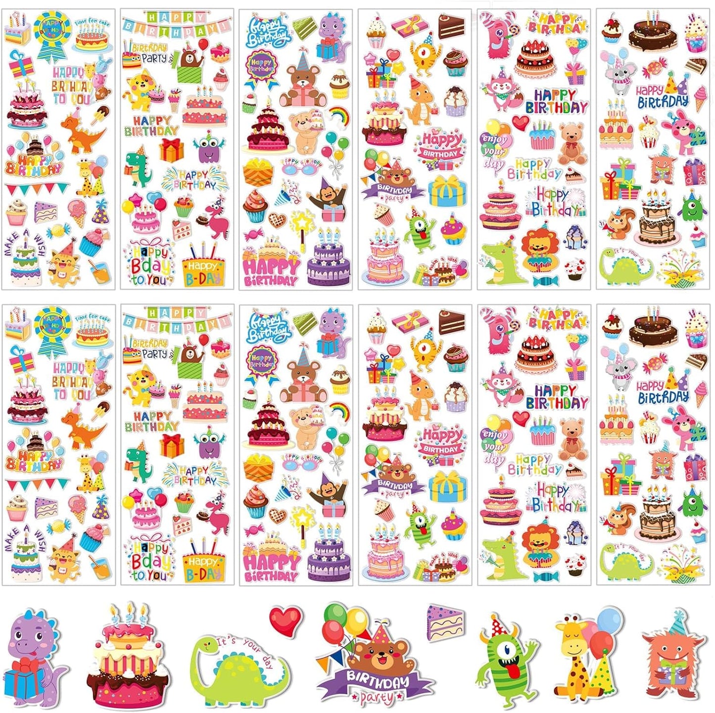 UPINS 12 Sheets Happy Birthday Stickers for Kids, 3D Cute Puffy Stickers Birthday Cake Foam Stickers Decals for Birthday