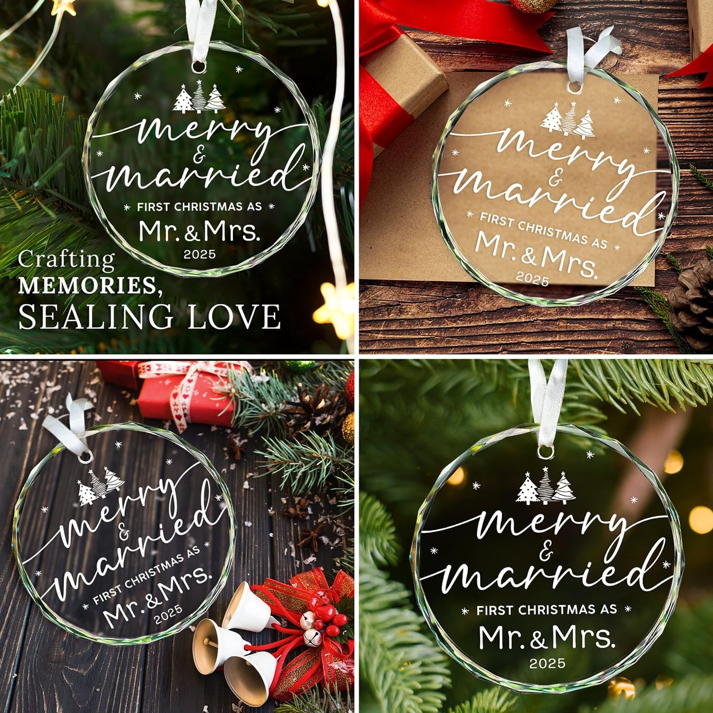 HEXMOZ Wedding Gifts for Couples 2025 - First Christmas Married Glass Ornament, Mr and Mrs Gifts, Wedding Ideas for Newly Wed, Just Married Couple, Bride - Bridal Shower Gift 1st Christmas Merry Decor