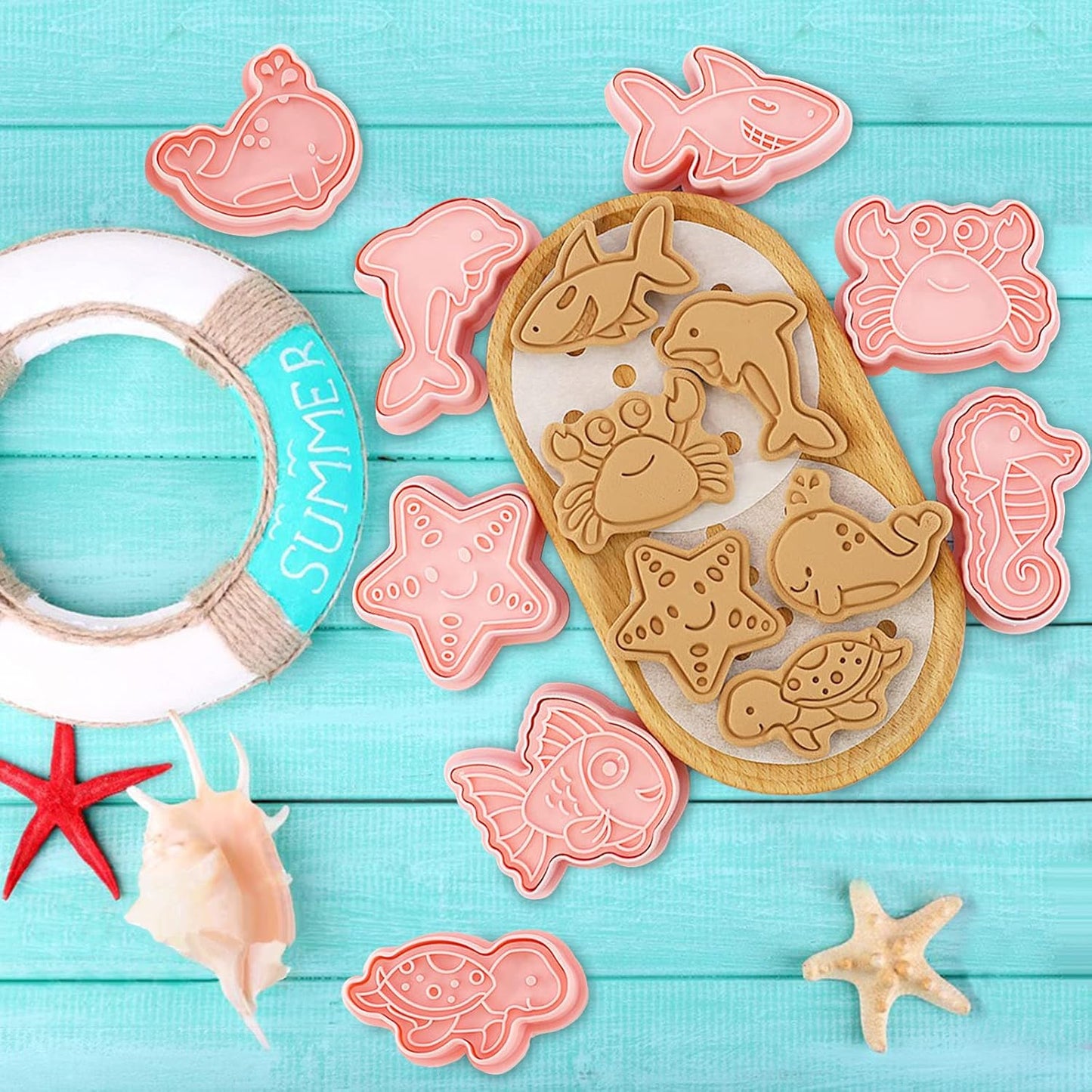 Ocean Cookie Cutters With Plunger Stamps Set,8 Piece See Cookie Cutters,Sea Embossing Cutter For Fondant Biscuit Cheese Baking