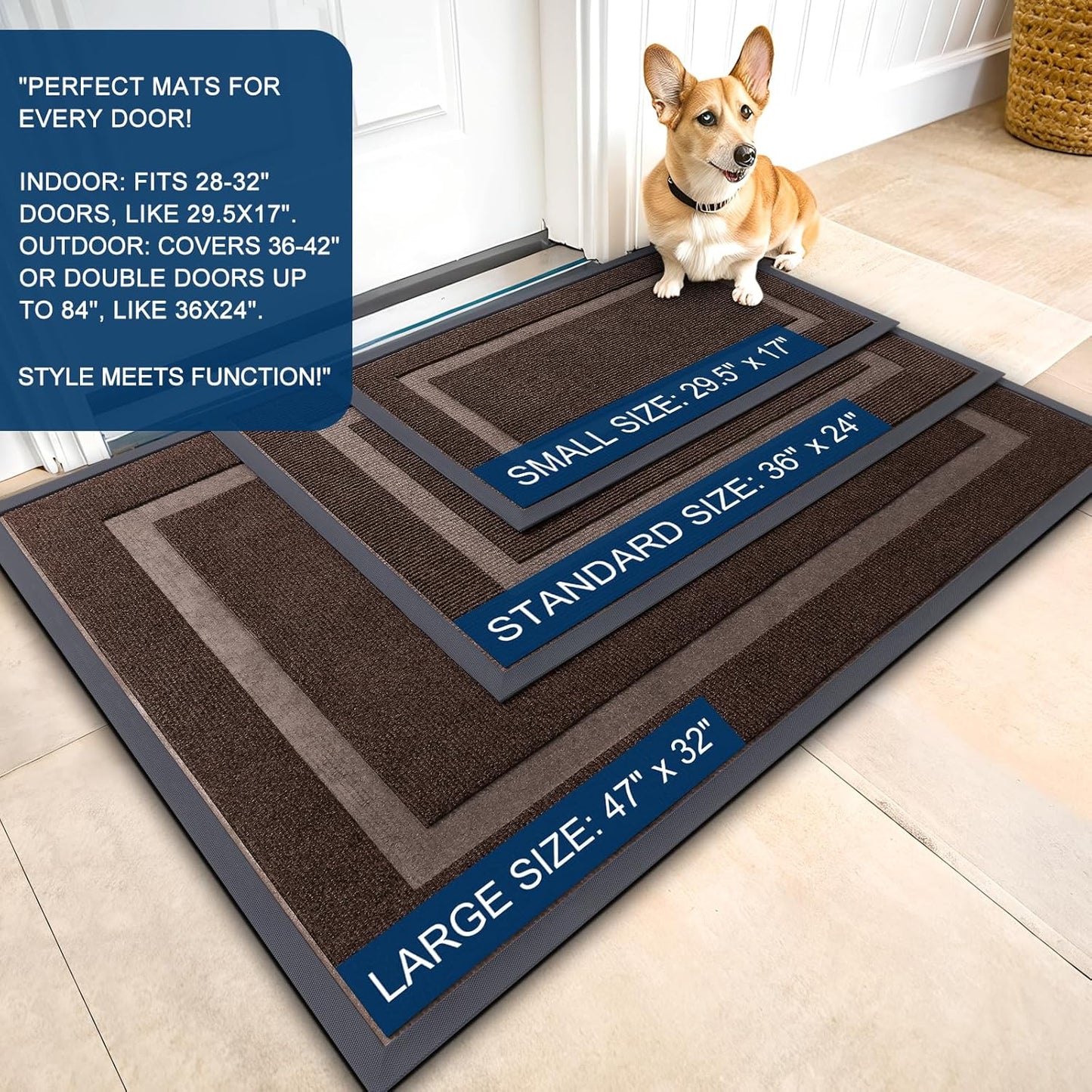 OLANLY Front Door Mat Indoor Outdoor Entrance, Waterproof All-Season, All-Weather Doormat, Sturdy Natural Rubber, Fade Resistant, Low Profile, Easy Clean Patio Porch Entryway Mat, 59x20, Dark Brown