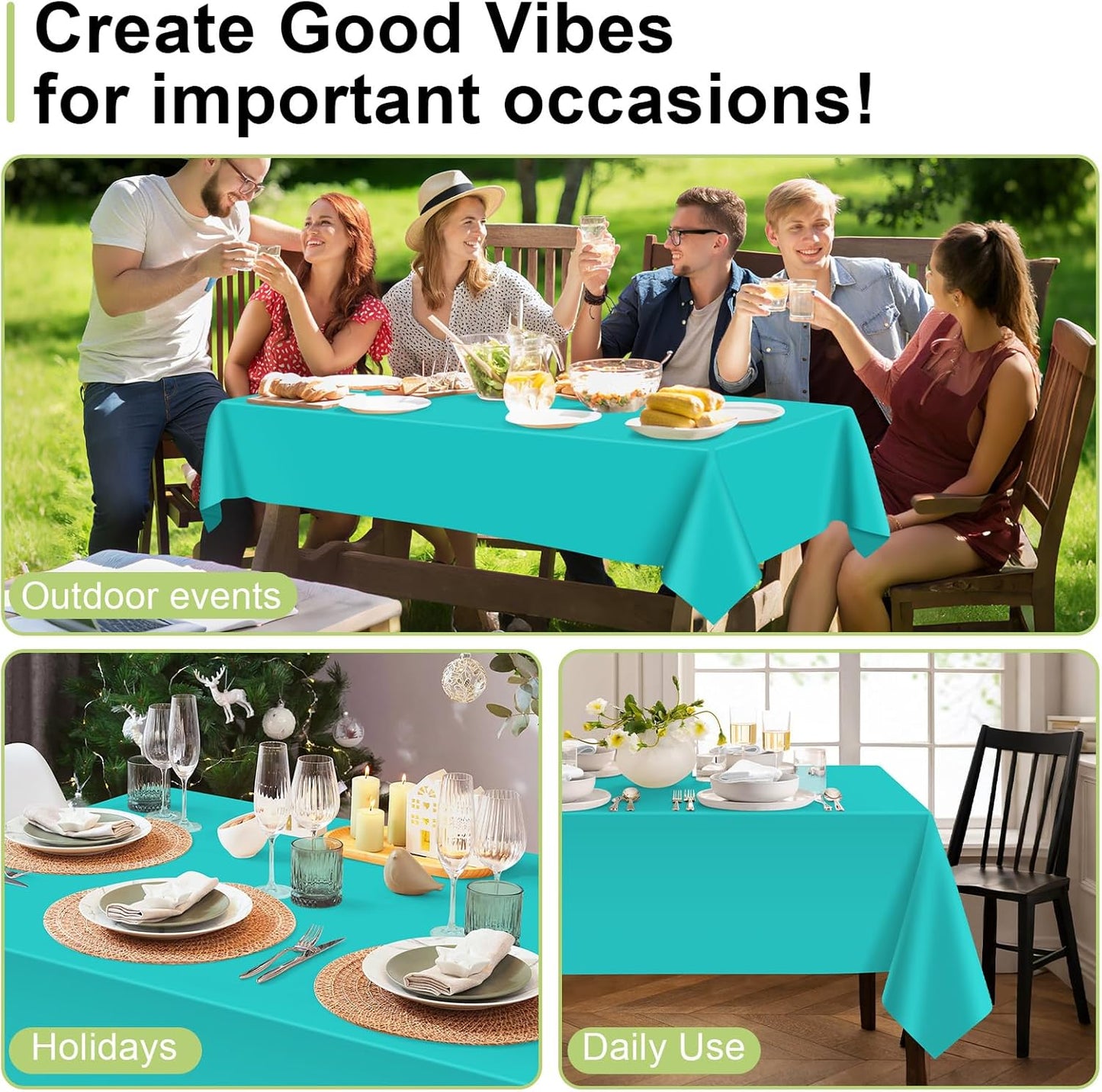 QIKSION Plastic Table Cloth Disposable 3 Pack, 54 x 108 Inch Tablecloths for Rectangle Tables, Aqua Blue Plastic Table Cover