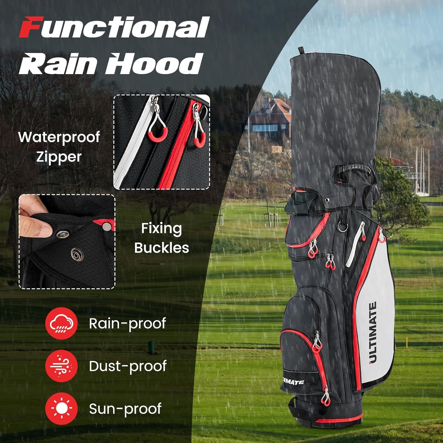 ULTIMATE Golf Cart Bag, 14 Way Top Dividers Golf Carry Bag w/Pockets & Umbrella Holder, Portable Golf Club Bag w/Soft Shoulder Strap & Rain Hood, Lightweight Golf Bag for Women & Men
