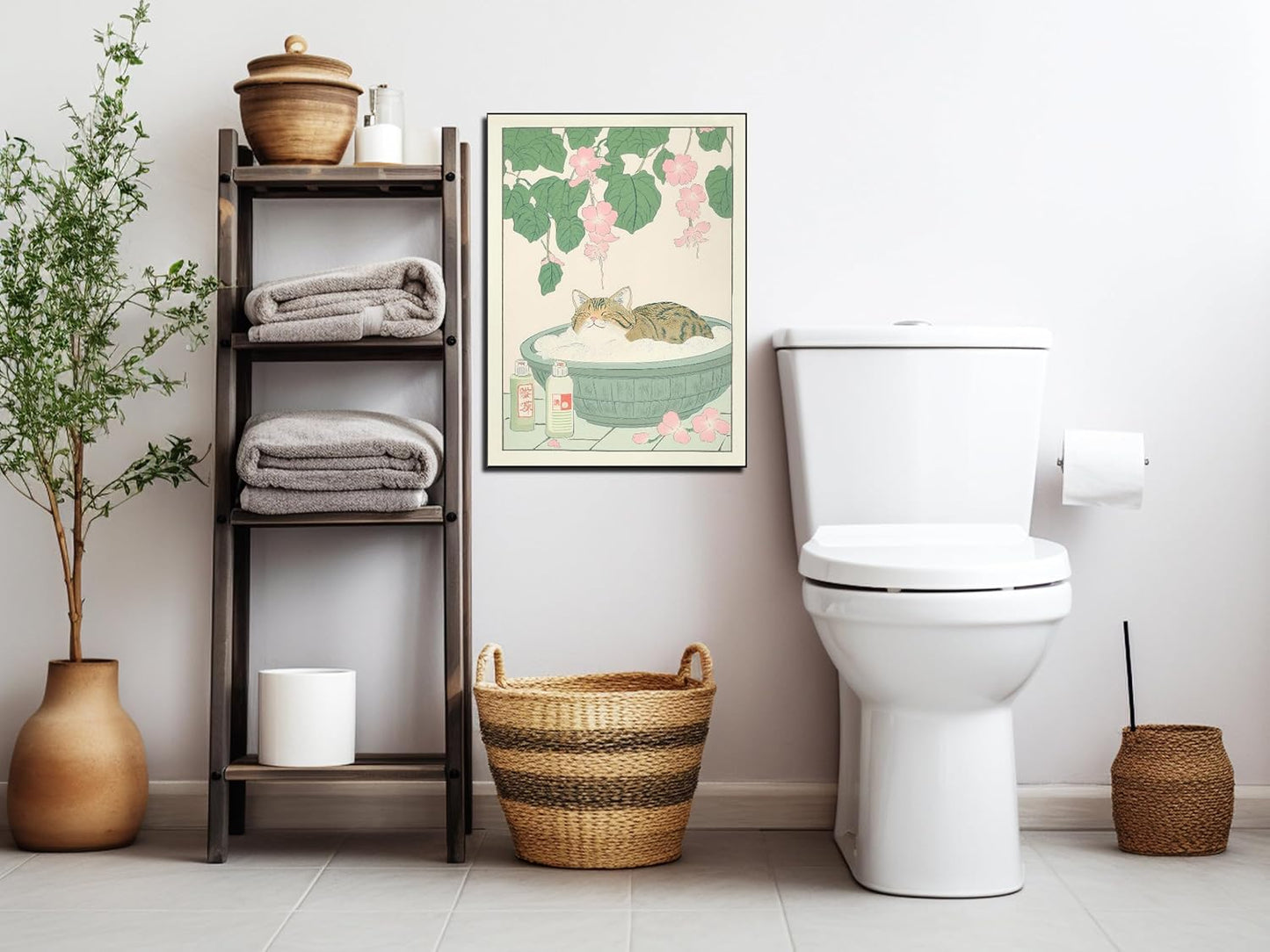 Vintage Tabby Cat in The Bathtub Posters Funny Bathroom Wall Art Cute Animal Lover Canvas Prints Japanese Aesthetic Neutral Minimalist Wall Decor for Dorm Restroom 24x36in Framed