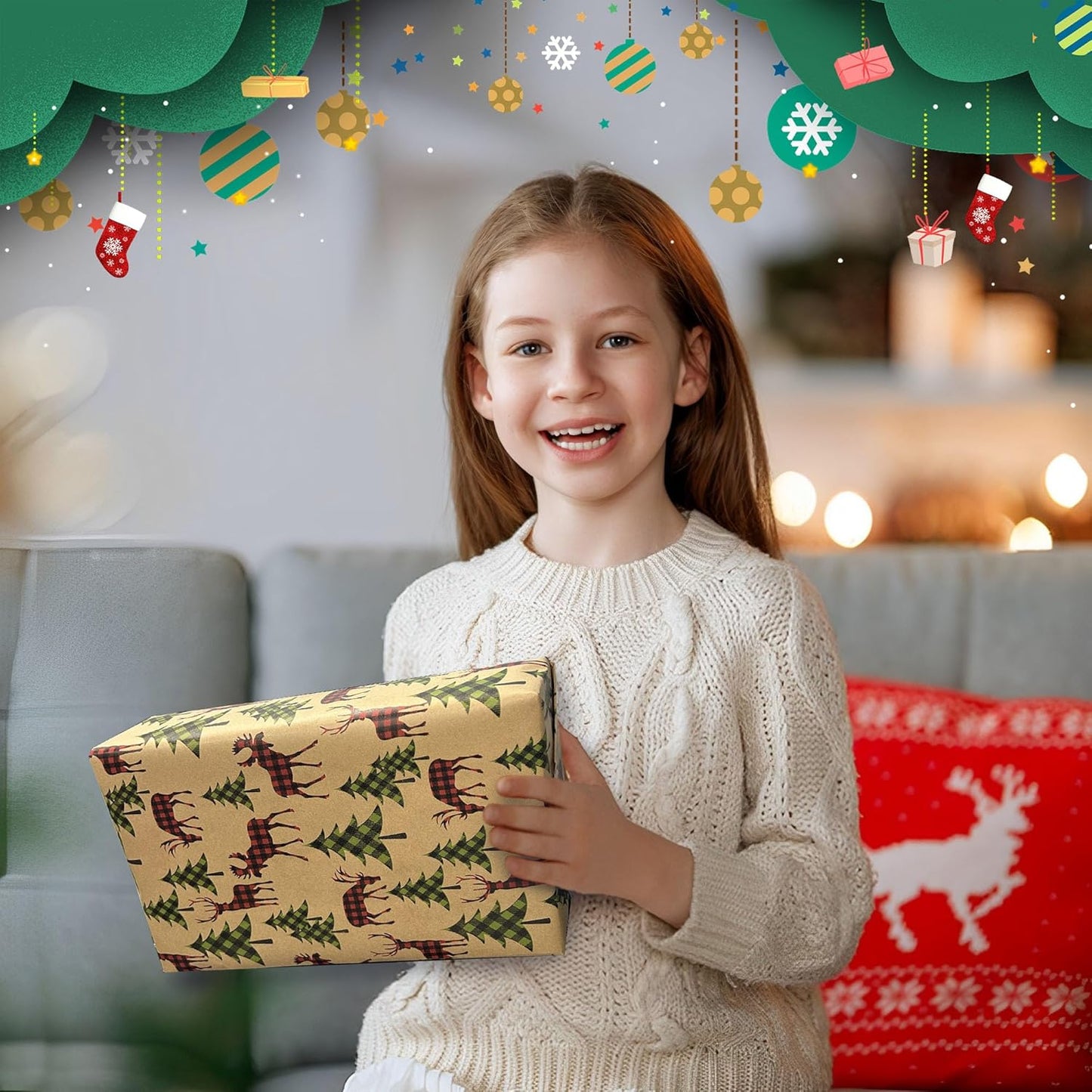 Christmas Wrapping Paper (4 Rolls: 148 sq. ft. ttl) - Red/Green and Black Plaid Grid Patterns, Stockings Snowflakes Pine Tree and Reindeer - Holiday Kraft Gift Paper 30 inches x 14.8 feet Per Roll