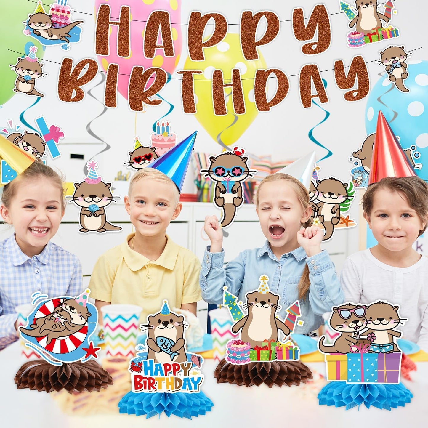 Otter Birthday Party Decorations - 12PCS Sea Otter Party Decorations Happy Birthday Banners Hanging Swirls Honeycomb Centerpieces Under the Sea Ocean Animal Themed Supplies Decor