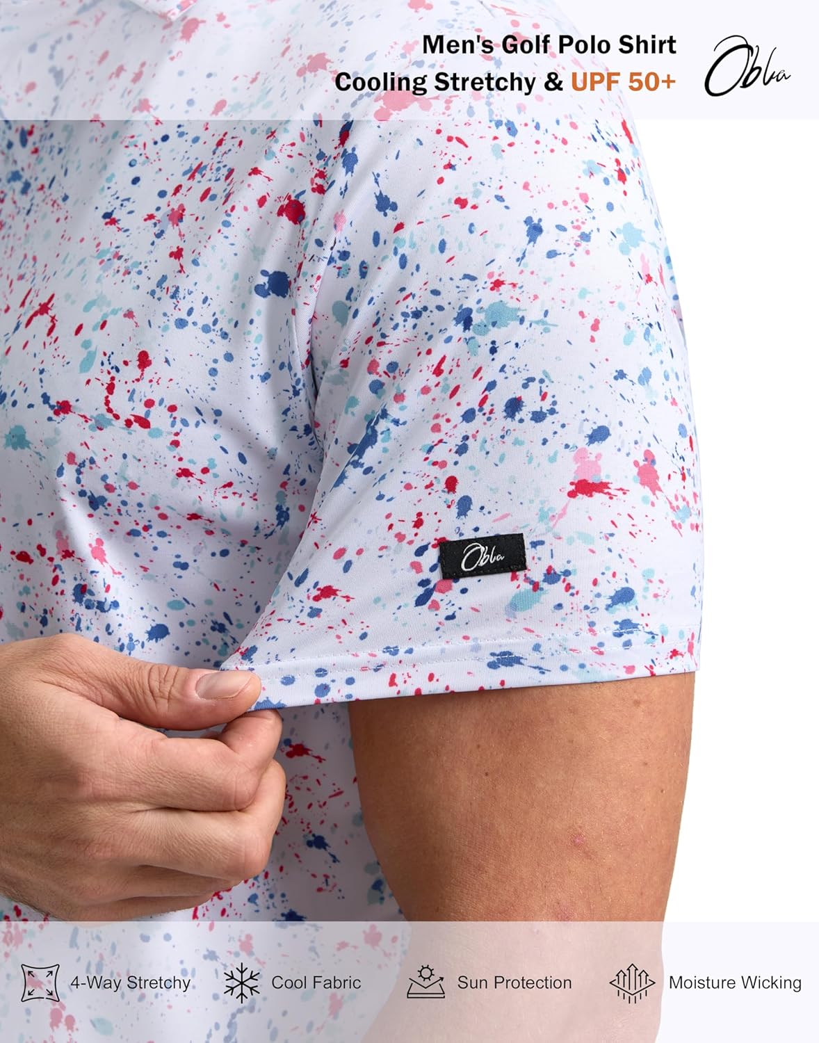 Obla Mens Golf Polo Shirts Short Sleeve Dry Fit Performance Moisture Wicking Casual Print Collared Golf Shirts for Men