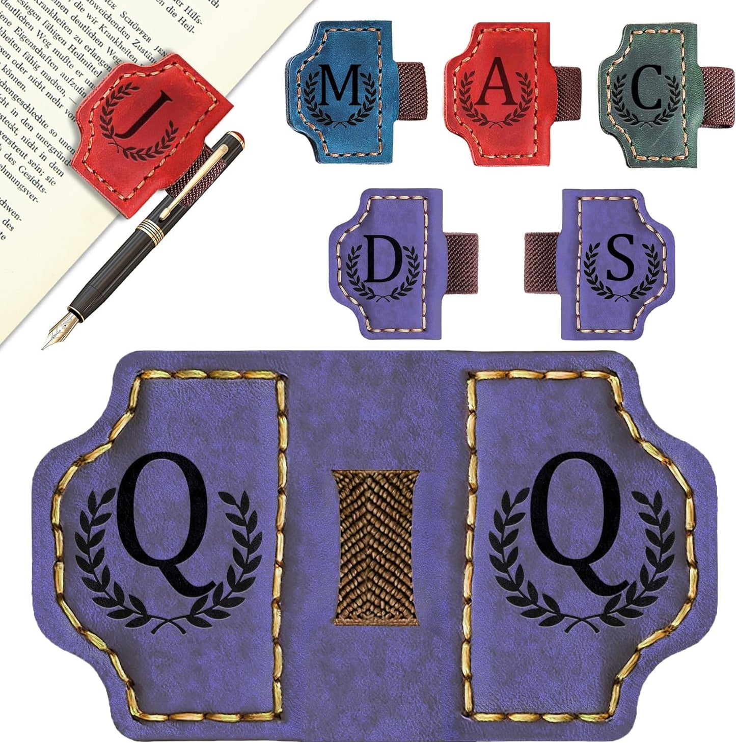 Bygone Mark Bookmark with Pen Holder, 26 Letters Name Initial Personalized Magnetic Bookmarks, Leather Book Mark for Men Women, Travelers Accessories, Teachers Readers Book Lovers Gifts (Purple, Q)