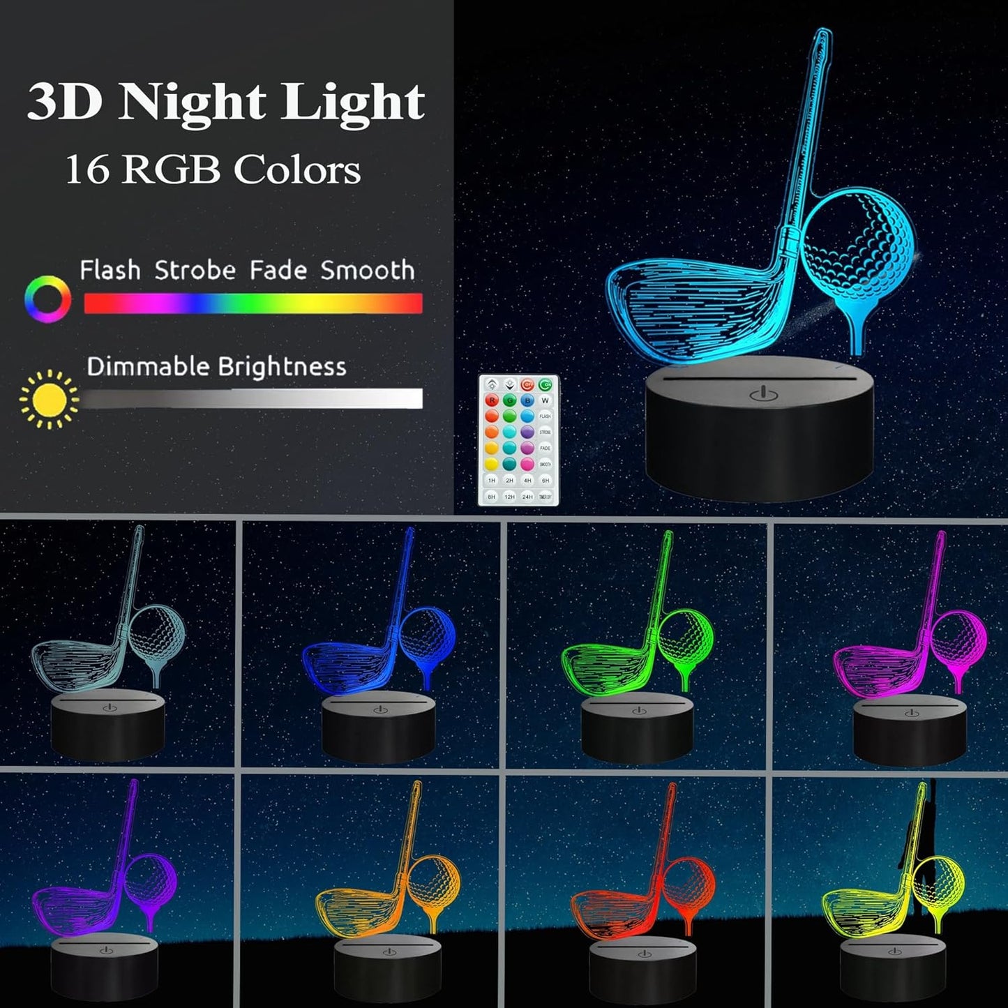 Golf Night Light, Golf Club Gifts, 3D Illusion Lamp with 16 Colors Changing, Timer, 4 Flash Modes and Dimmable, Men Boys Girls Room Decoration, Holiday Xmas Gifts
