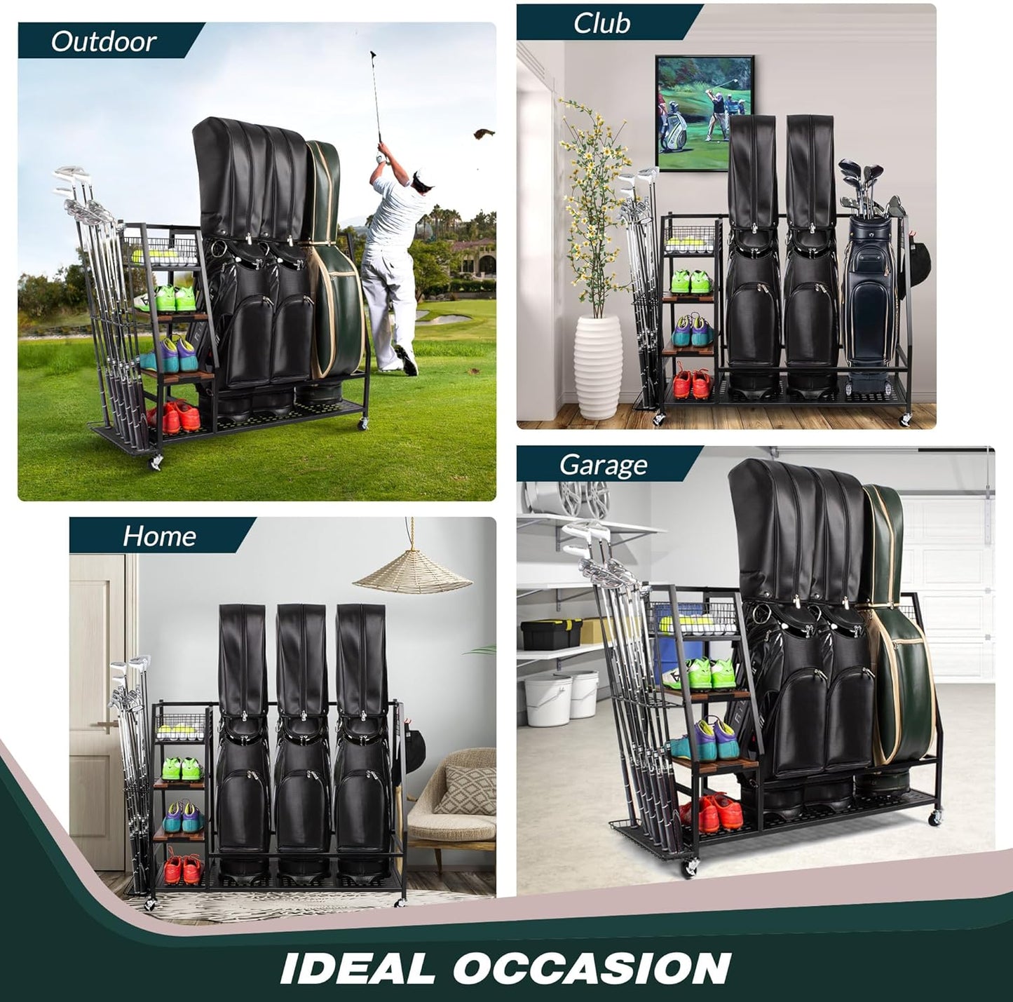 Golf Bags Storage Garage Organizer, Golf Bag Rack Fits 2/3 Golf Bags and Golf Equipment Accessories, Golf Club Storage Stand with Wooden Shelf and Lockable Wheels for Garage Indoor Basement