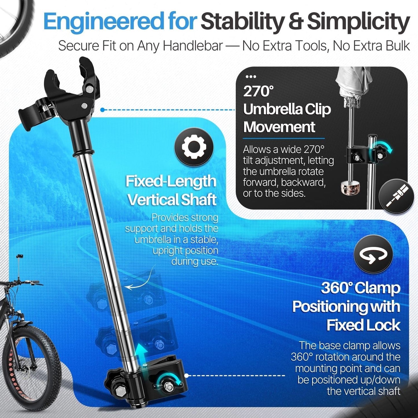 Flexzion Adjustable Bicycle Umbrella Clamp Holder – Universal Stroller Attachment, Wheelchair Umbrella Holder for Bike, Golf Cart, Beach Chair – Stainless Steel Quick Mount Frame