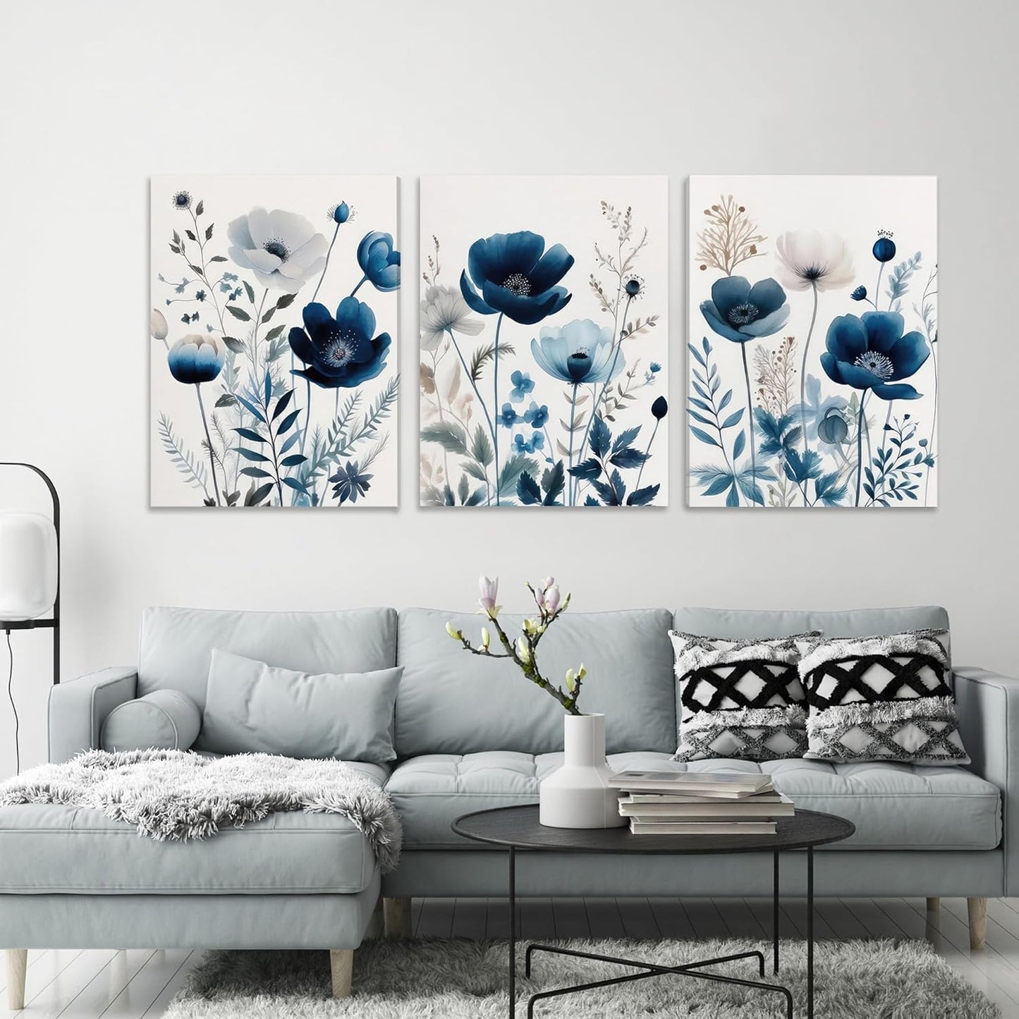 DUWQU 3 Pcs Blue Floral Canvas Wall Art, Elegant Navy Blue Wildflower Lily Daisy Art Wall Decor, Watercolor Botanical Flower Home Poster Art Prints for Living Room Bedroom Bathroom 12×16 Inches