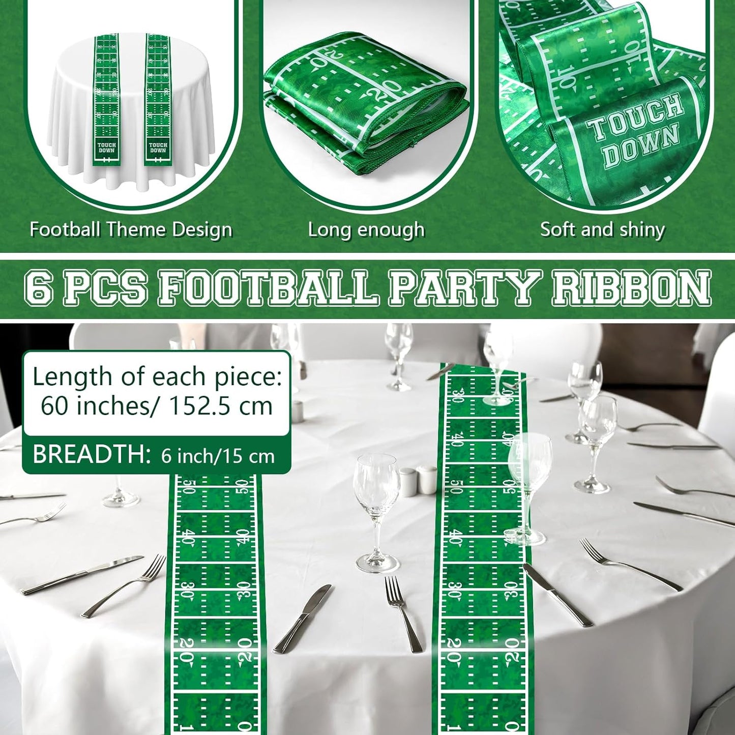 6 Pcs Football Party Table Runner 60 x 6 Inch Sports Tablecloth Runner Football Field Tablecloth Striped Table Cover for Sports Party Dining Room