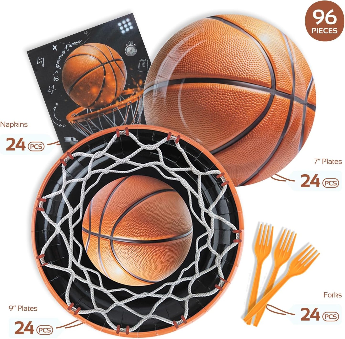 96Pcs Basketball Party Decorations | Serve 24 - Basketball Theme Birthday Party Tableware Set Includes Plates, Forks, Napkins, Supplies for Kids Boys Sport Party Decor