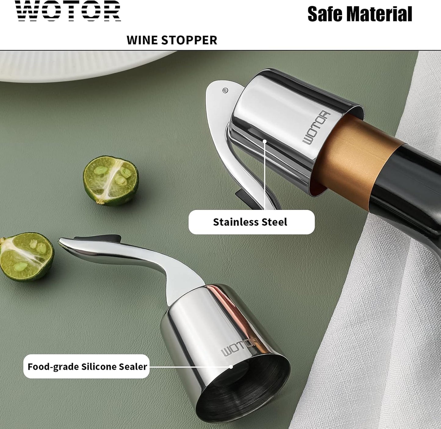 WOTOR Stainless Steel Wine Bottle Stoppers with Silicone - Reusable Wine Saver and Decorative Bottle Sealer, Leakproof, Keep Fresh, Silver, 2 Pack