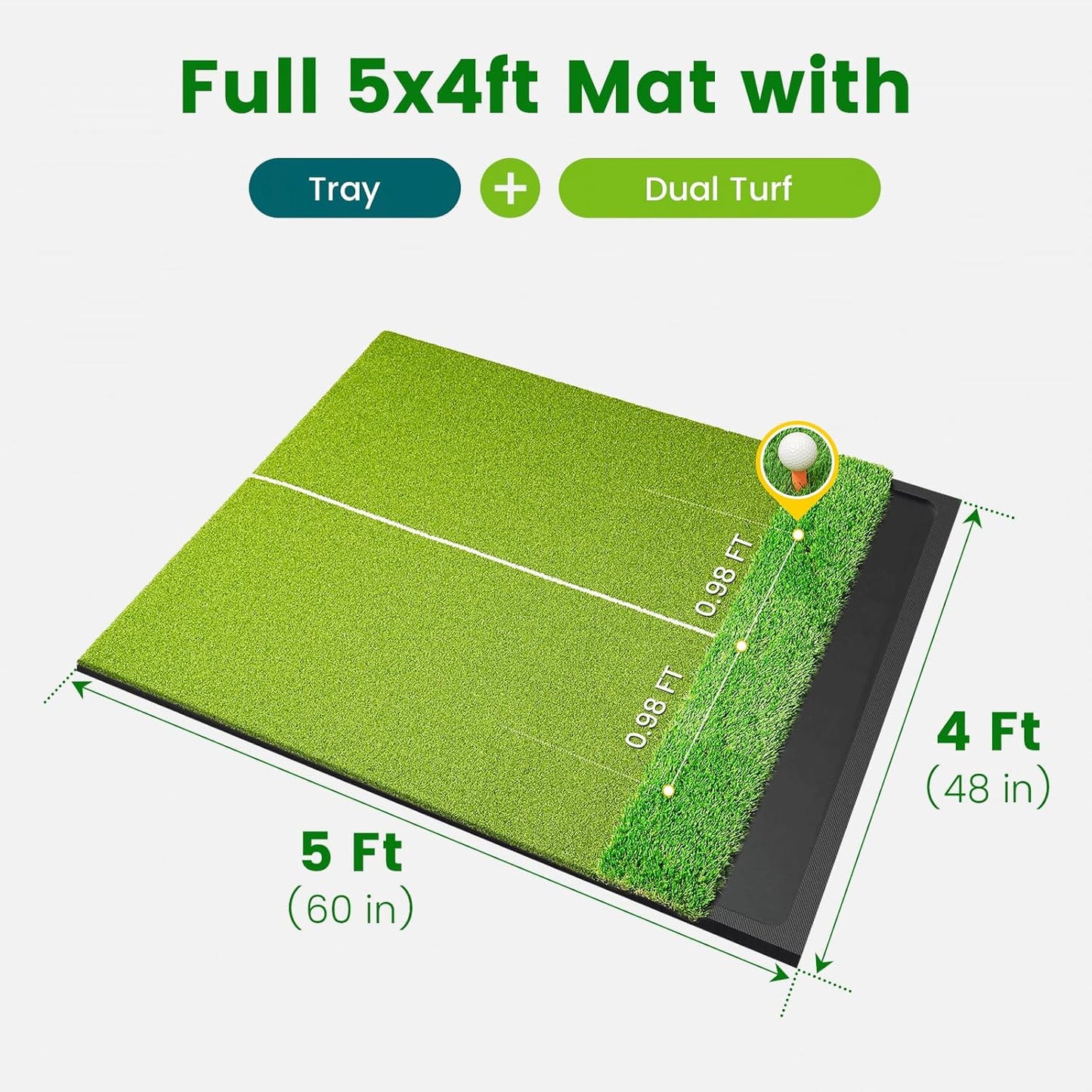 Dual-Turf Golf Hitting Mat 5x4ft, 26mm Thick, Built-in Ball Tray 100-Ball Capacity, Indoor Outdoor Driving & Chipping Golf Practice Mats for Fairway & Rough Shots