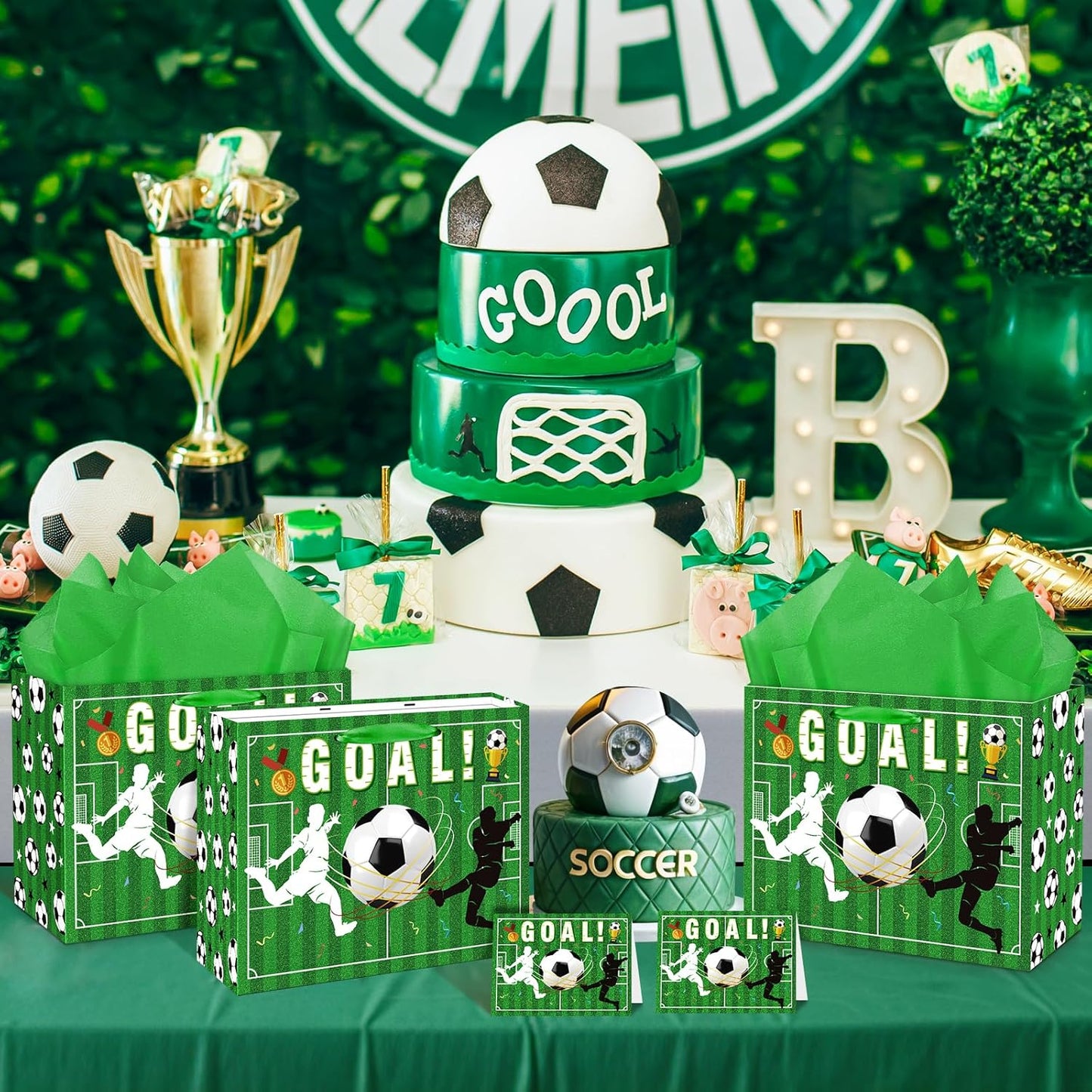 Soccer Gift Bag Large Green Soccer Gift Wrapping Bag with Tissue Paper Goal Greeting Card Decorations for Sports Party Favor Ball Team Birthday Goodie Gifts Treat Wrap Bags for Boys Men Supplies