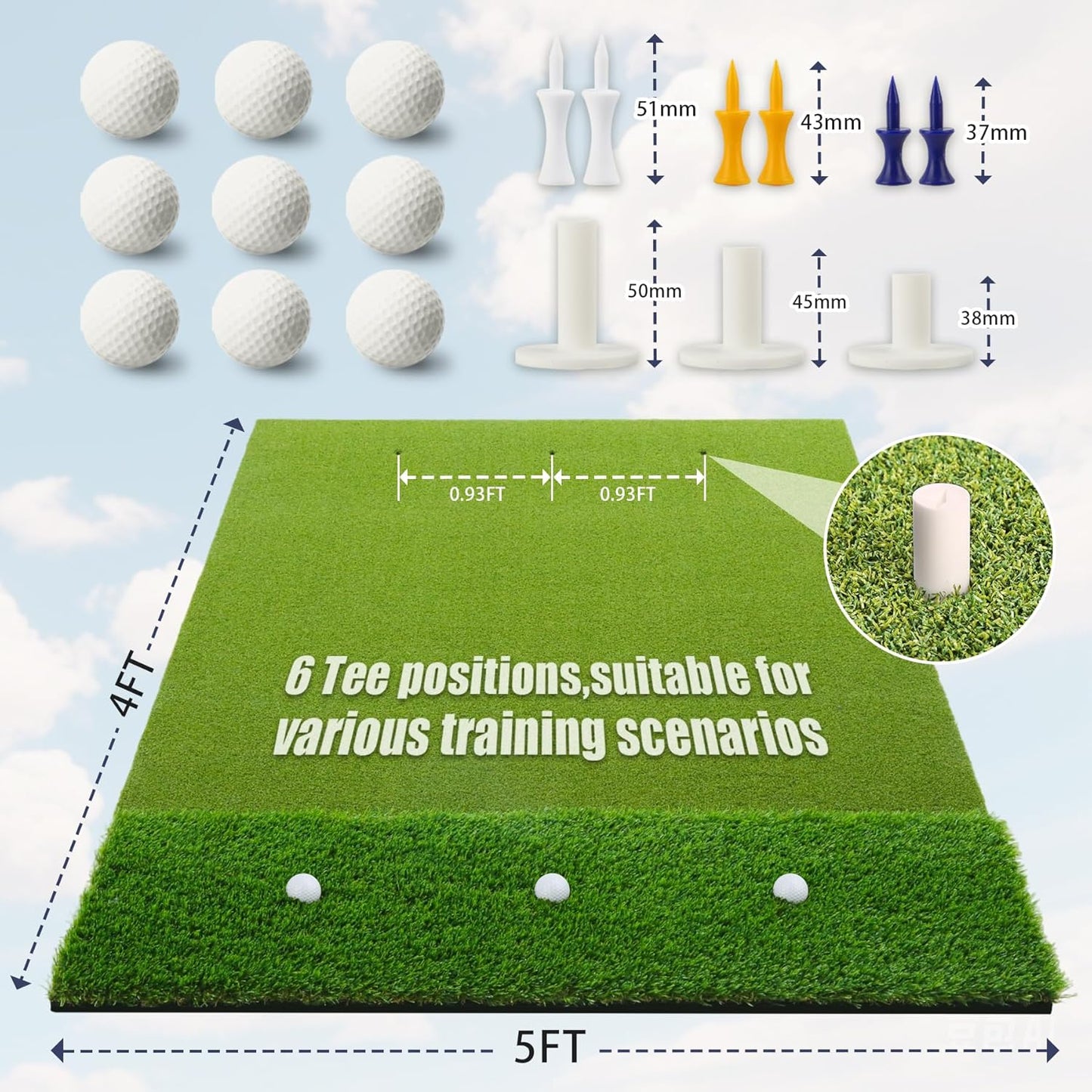 Wind Shear 5x4FT Golf Mat, 2 Turf in 1(35mmRough&16mmFairway) Large Golf Hitting Mat for Indoor/Outdoor Practice, High-Density Artificial Turf Mat for Golf Training in Backyards, Driving Ranges
