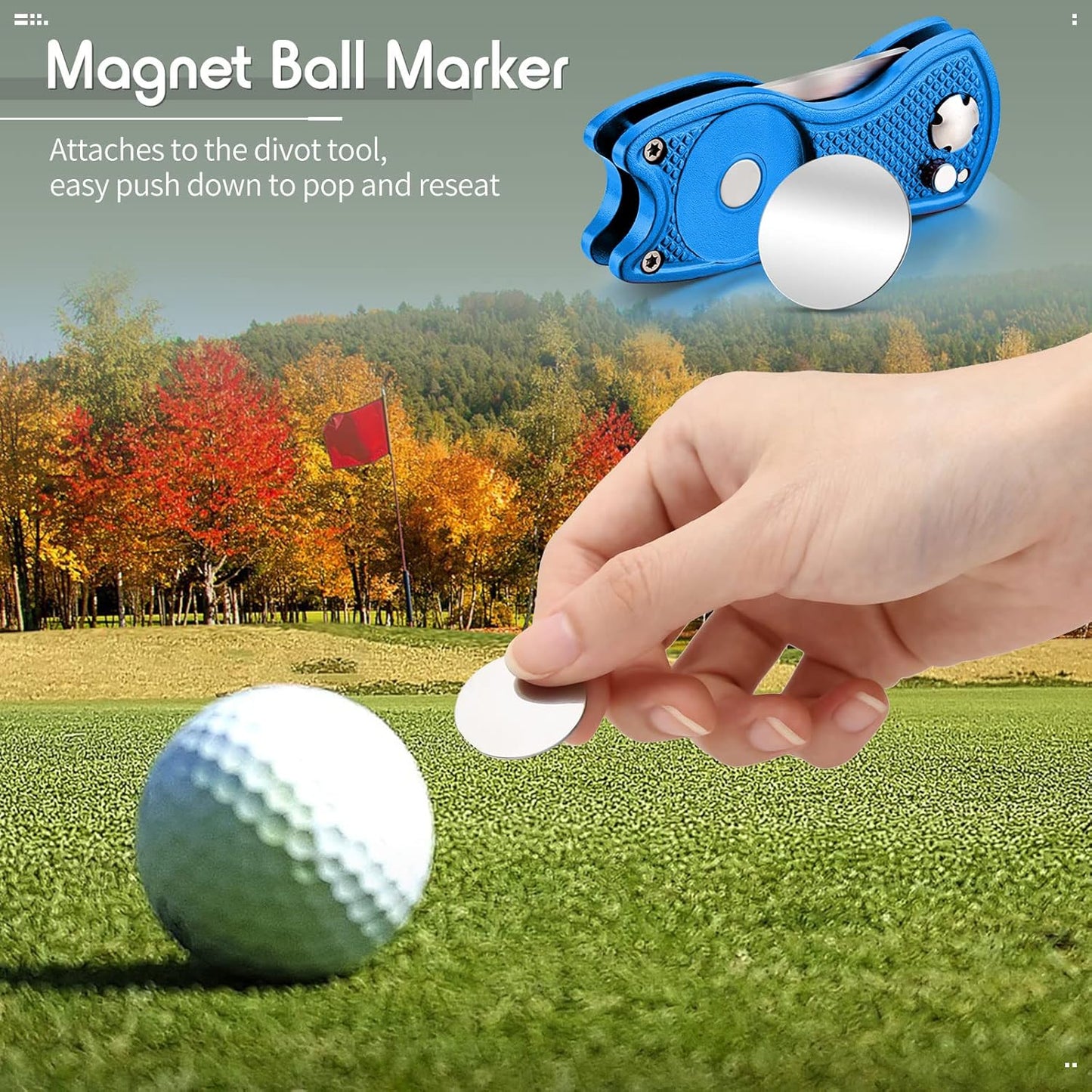 Skylety 4 Pcs Golf Divot Repair Tool Metal Foldable Golf Divot Tool with Magnetic Pop-up Button Ball Marker Stainless Steel Switchblade for Golfers Prizes