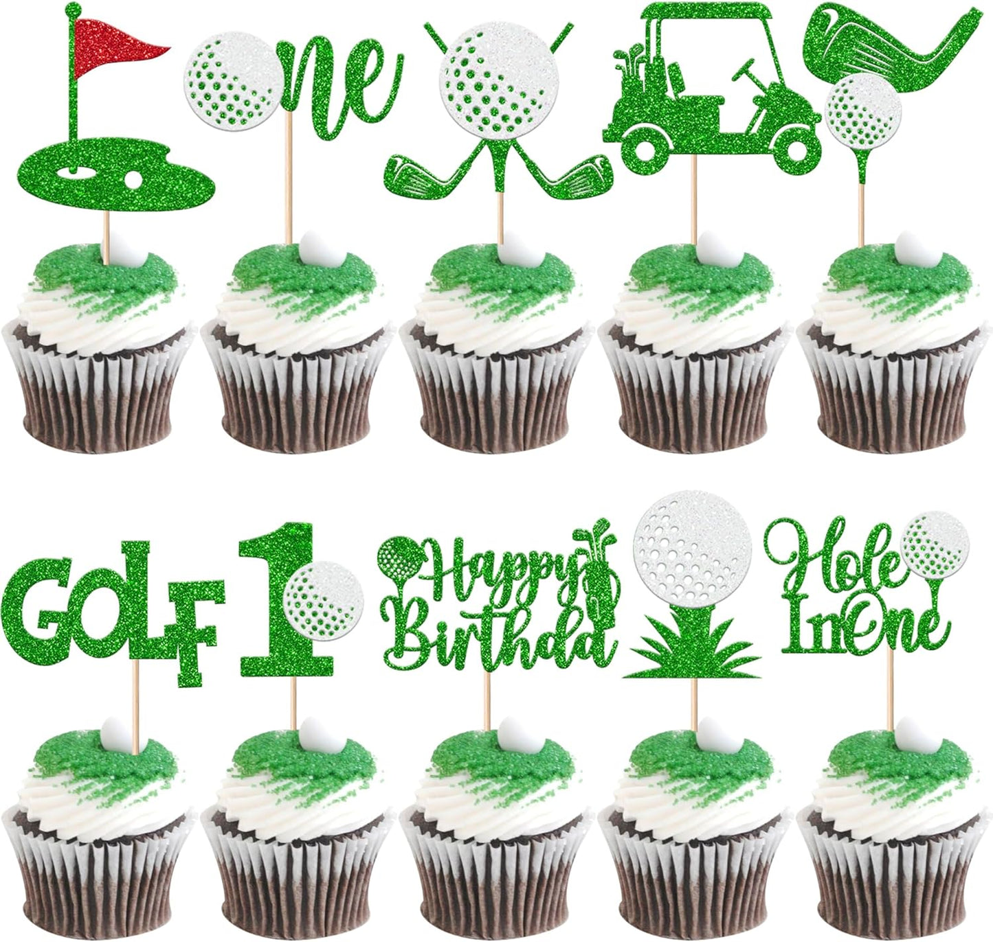 Rsstarxi 30 Pack Golf 1st Birthday Cupcake Toppers Glitter Hole in One Cupcake Picks Decoration for Boys Girls Baby Shower First Birthday Golf Party Cake Decorations Green