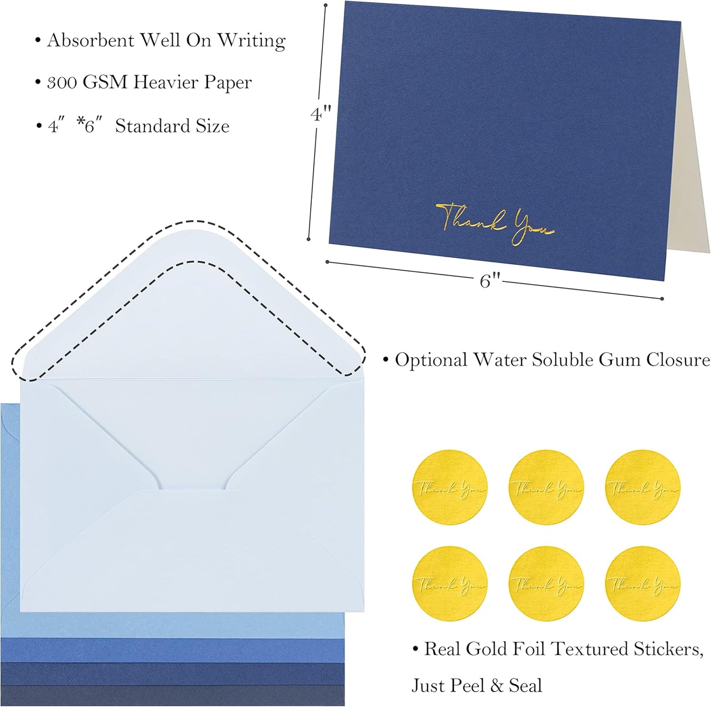 Crisky Blue Thank You Cards with Envelopes & Stickers， 50 Pack Navy Blue Bridal Shower Graduation Thank You Cards Small Business, Wedding Baby Shower Birthday Funeral Notes Bulk
