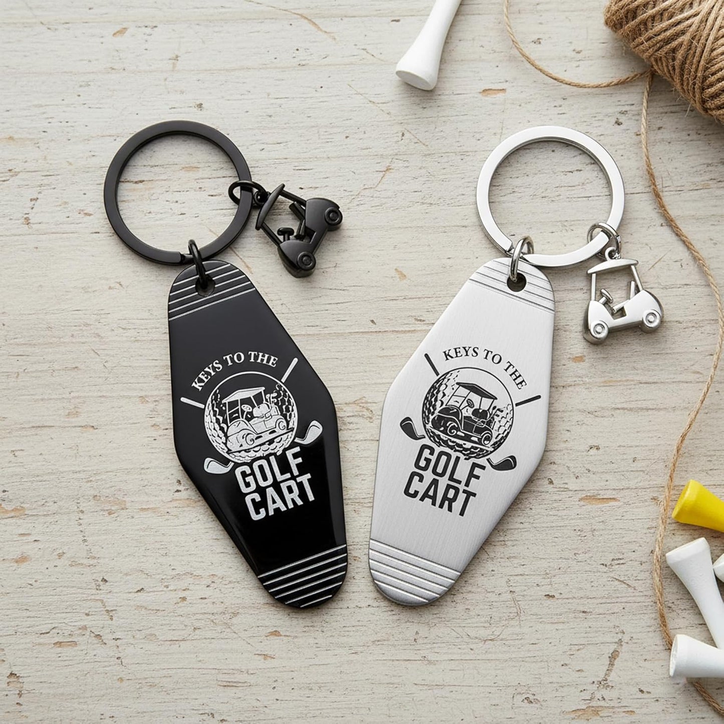 2pcs Golf Cart Keychain for Golfer, Retro Metal Car Accessories, Funny Golf Birthday Gifts Key Ring for Men Father Husband