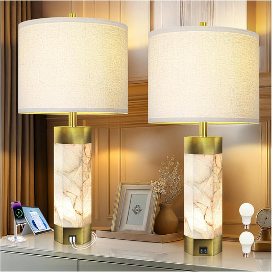 Natural Alabaster Table Lamps Set of 2,Table Lamp with Night Light for Living Room,Nightstand Lamp with USB Ports,Bedside Lamp with Linen Fabric Shade for Bedroom,Living Room,Office,Bar(Bulb Included)