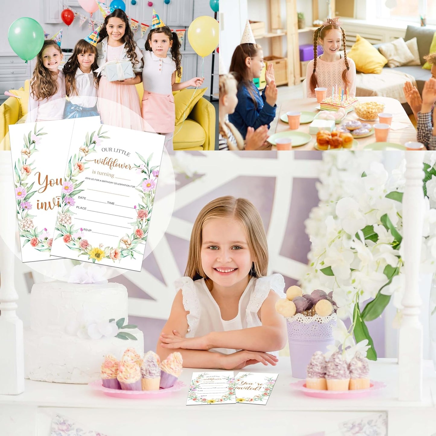 Birthday Invitations for Girls, 20 Flower Invitation Cards with Envelopes, Summer Floral Invites for Girl Party Decorations Favor Supplies - A02