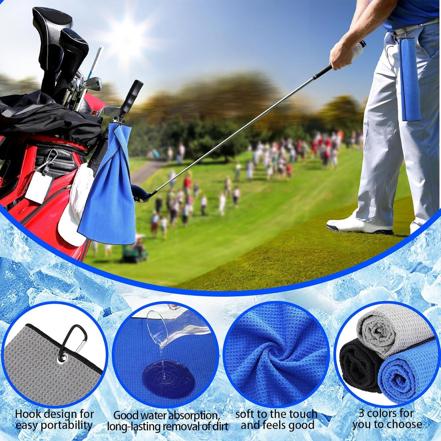 Batiyeer Golf Towels Bulk for Bags 16'' x 24'' Microfiber Waffle Pattern Golf Towels Trifold with Clip for Hiking,Tournament, Yoga