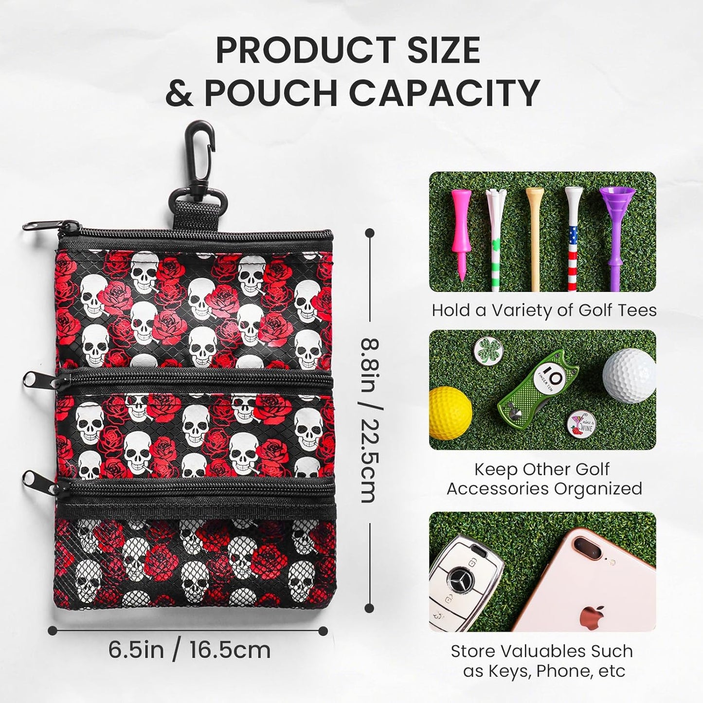 FINGER TEN Golf Pouch Bag for Valuables Tee Color with 4 Golf Pencil Pack, Zippered Pocket Gear Clip Hook to Bag