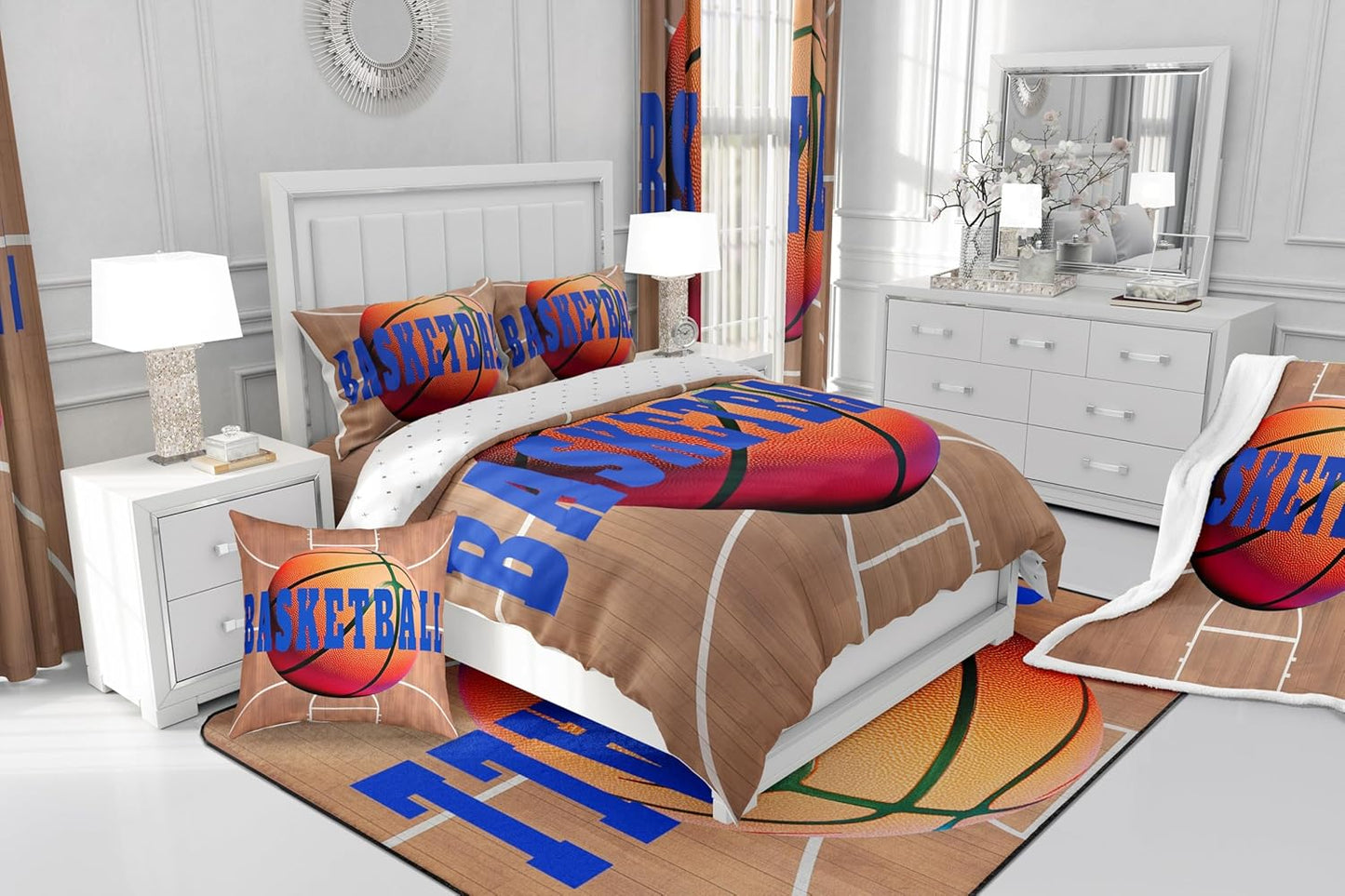 Feelyou Basketball Polyester Bath Rug Basketball Court Print Soft Fleece Door Carpet for Kids Boys Girls Orange Basketball Non Slip Bath Mat Ball Game Bathroom Floor Indoor Doormat,20x32 Inch