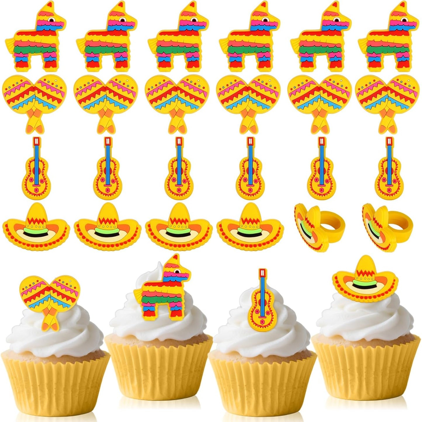 24pcs Fiesta Cupcake Ring Toppers Donkey Sombrero Guitar Cupcake Topper Mexican Theme Party Cake Decorations for Baby Shower Birthday Fiesta Party Supplies