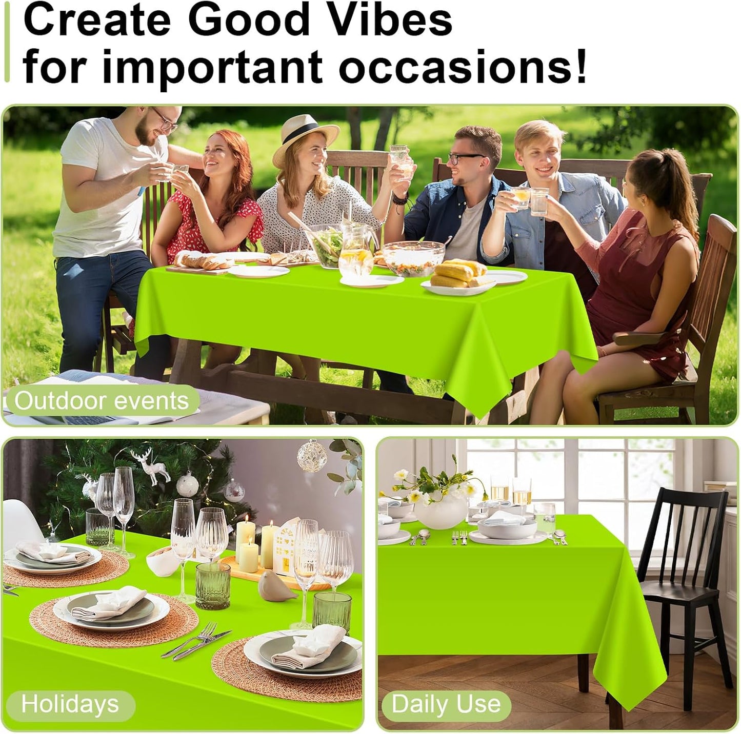 QIKSION Plastic Table Cloth Disposable 3 Pack, 54 x 108 Inch Tablecloths for Rectangle Tables, Lime Green Plastic Table Cover
