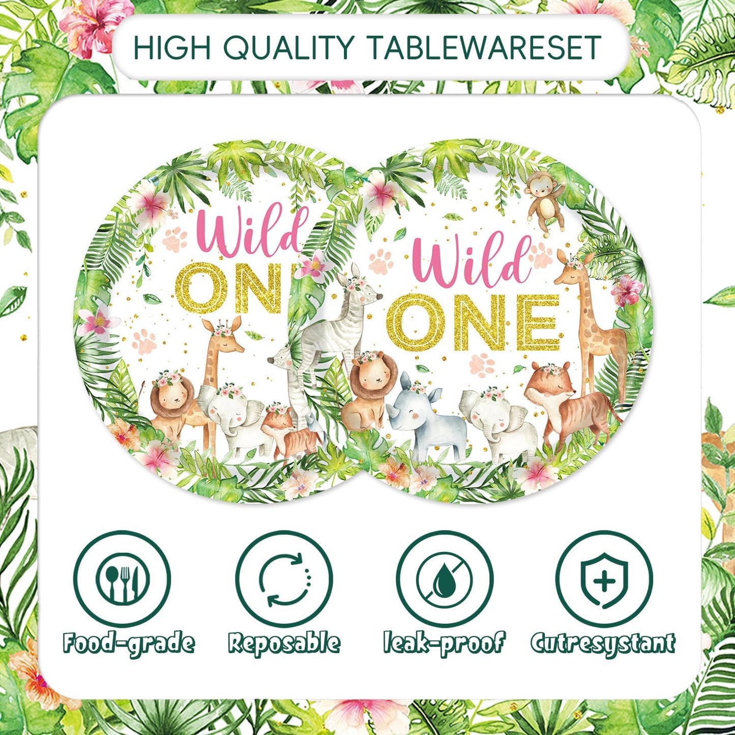 48Pcs Wild One Birthday Decorations Disposable Safari Animals Baby Shower Plates Napkins Forks Supplies for Boy Wild One Birthday Decorations Girl