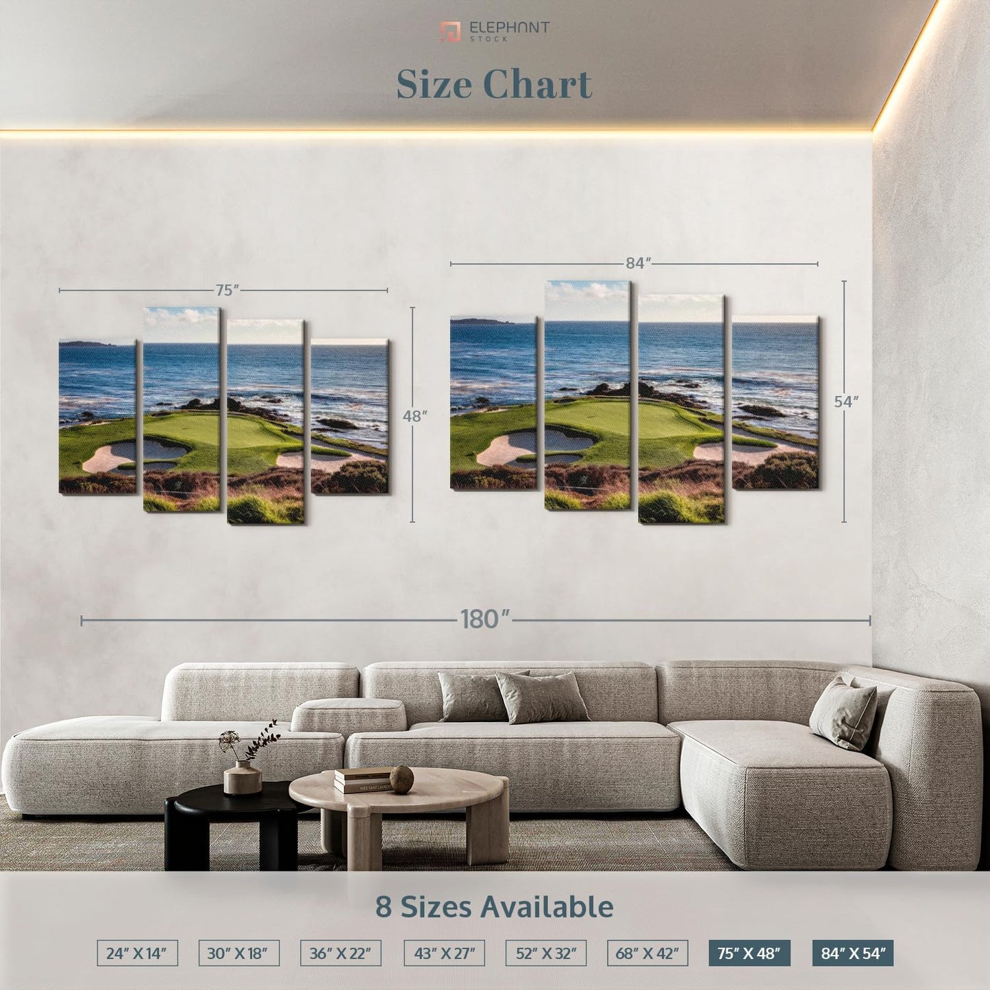 Elephant Stock California Coastline Golf Course Wall Art - Horizontal Canvas - 4-Piece Living Room Wall Decor - Photography Sports Canvas Print - Brown and Beige Decor for Wall - 84" X 54"